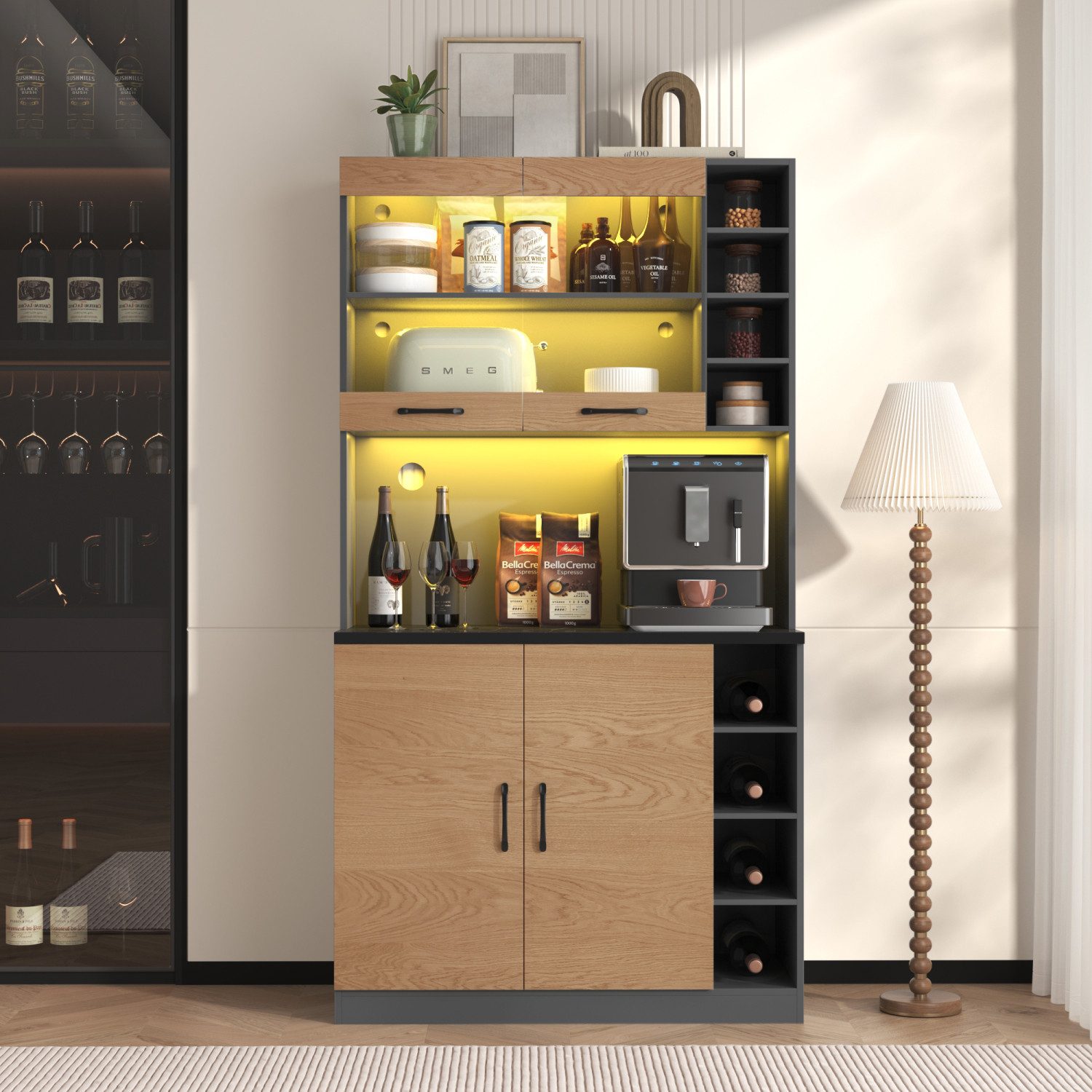 Flieks Küchenbuffet Hochschrank mit LED-Beleuchtung und Glastüren (100x47x187 cm, 1-St., höhenverstellbare seitliche Ablagefächer) Küchenschrank mit Arbeitsplatte Mehrzweckschrank Highboard