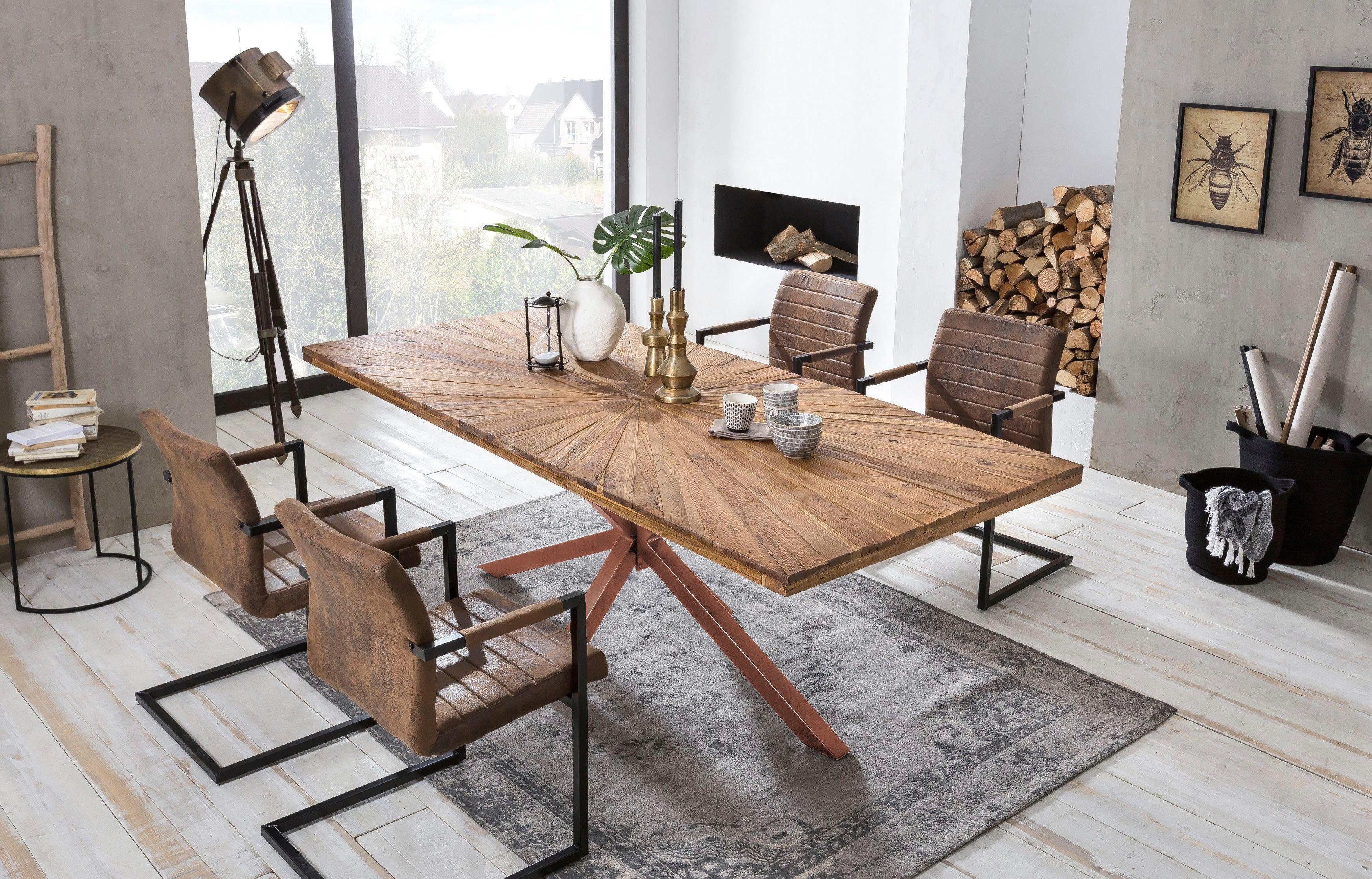 SIT Esstisch Visby Teakholz Massivholztisch mit Sonnen-Design & Stern-Gestell, 50 mm starke Teakholzplatte mit markantem Stern-Gestell