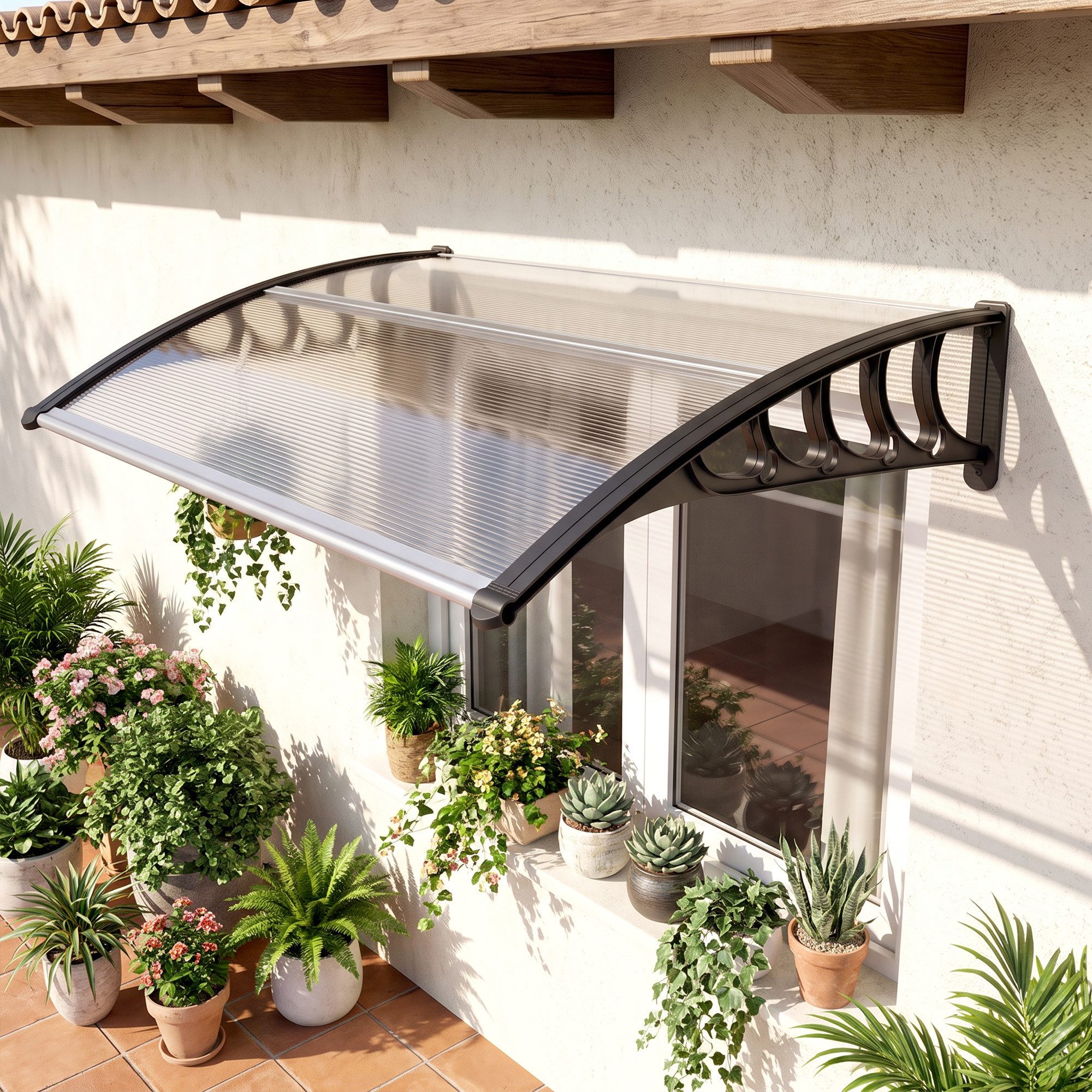 Outsunny Pultvordach für Haustür mit UV Schutz, Aluminium-Verbindungstangen, transparent (Regenschutz, 1 St., Vordach), für Garten, Balkon, Schwarz