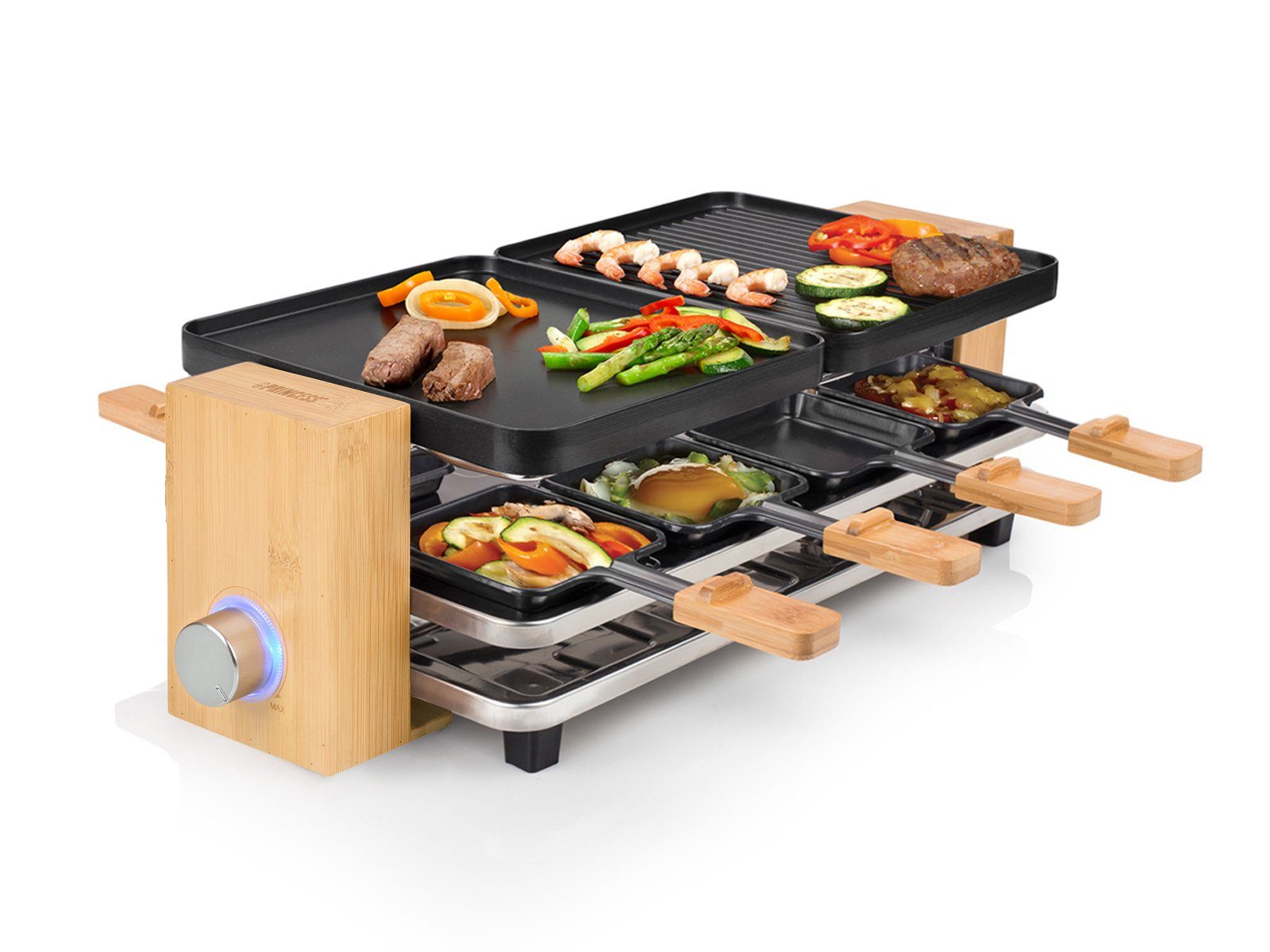 PRINCESS Раклетници, 8 Раклетнициpfännchen, 1300 W, Tischgrill Holz Design 2-8 Personen Parkdeck für benutzte Pfännchen