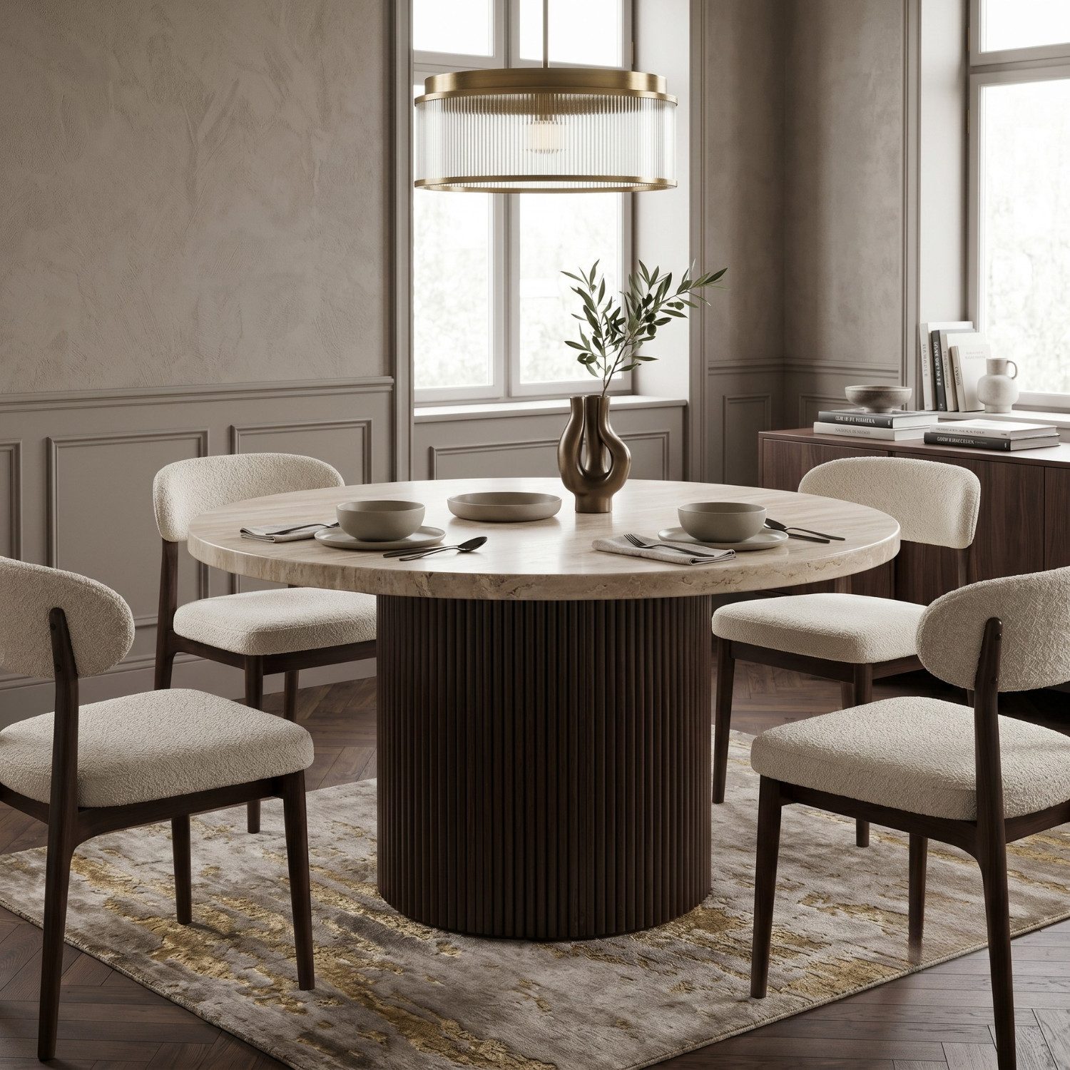 alesvelt Esstisch Trivento massive Travertin Design-Platte edles Tischbein im Säulenstil (1 Tisch), 130 x 75 cm