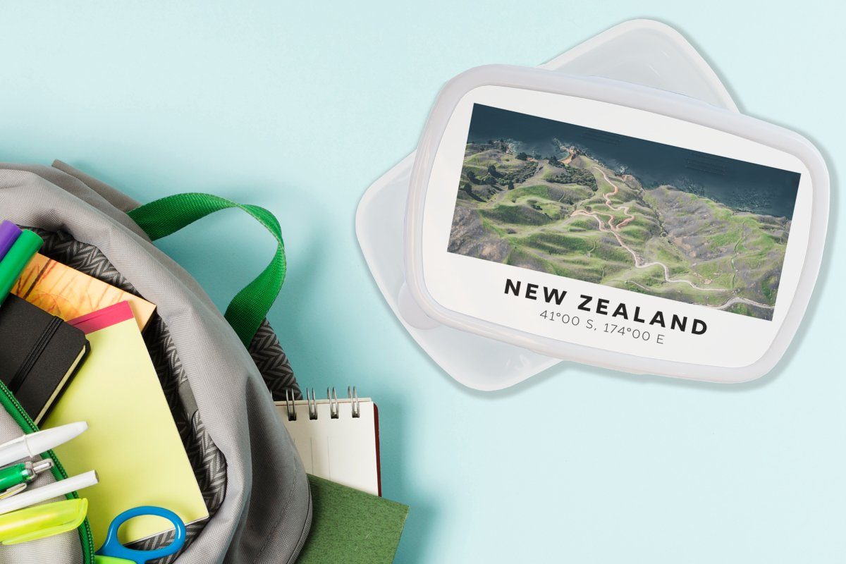 MuchoWow Lunchbox Neuseeland - Wasser Grün Erwachsene, Jungs und Brotdose, Strand, - Mädchen Kunststoff, für (2-tlg), Kinder - weiß für Brotbox und