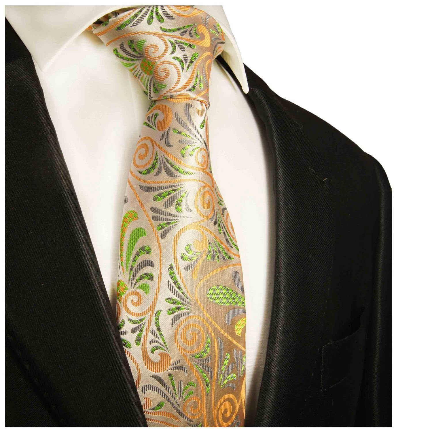 Seide Schlips Breit Herren 100% (8cm), 490 Seidenkrawatte floral orange bunt Malone grün Krawatte Designer modern Paul
