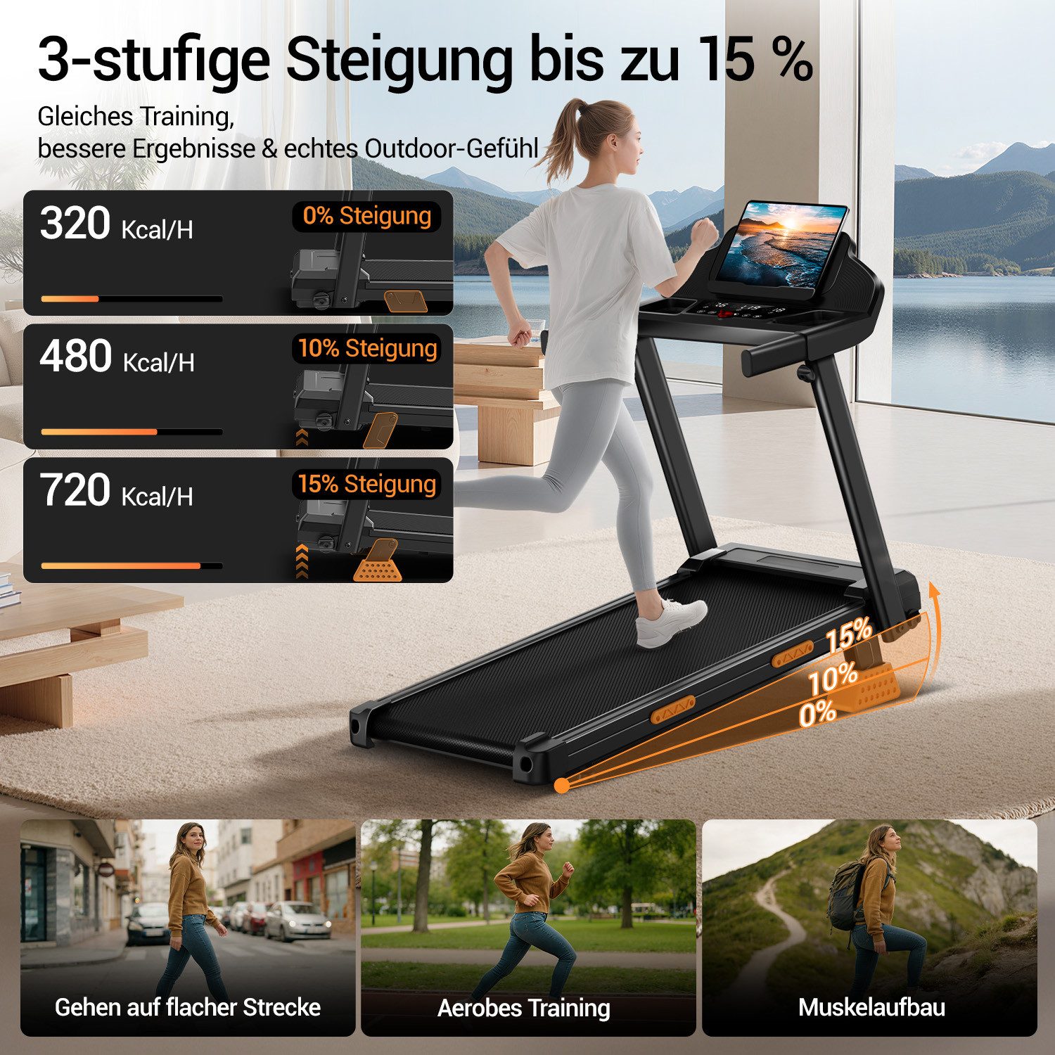 LONTEK Laufband für Zuhause mit 15 % Steigung, 12KM/H Treadmill (1-tlg), 3,0 PS Motor, Belastung 180KG