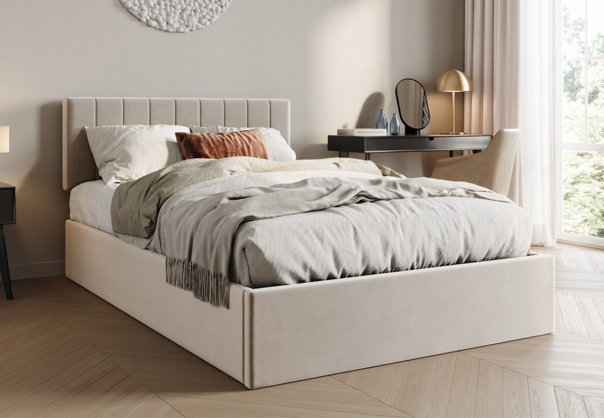 Home Collective Polsterbett mit Stauraum und Lattenrost Doppelbett Gepolstertes Bett (Verfügbare Größen: 140x200 und 160x200 cm), hydraulischer Bettkasten Kopfteil verstellbar samt Beige