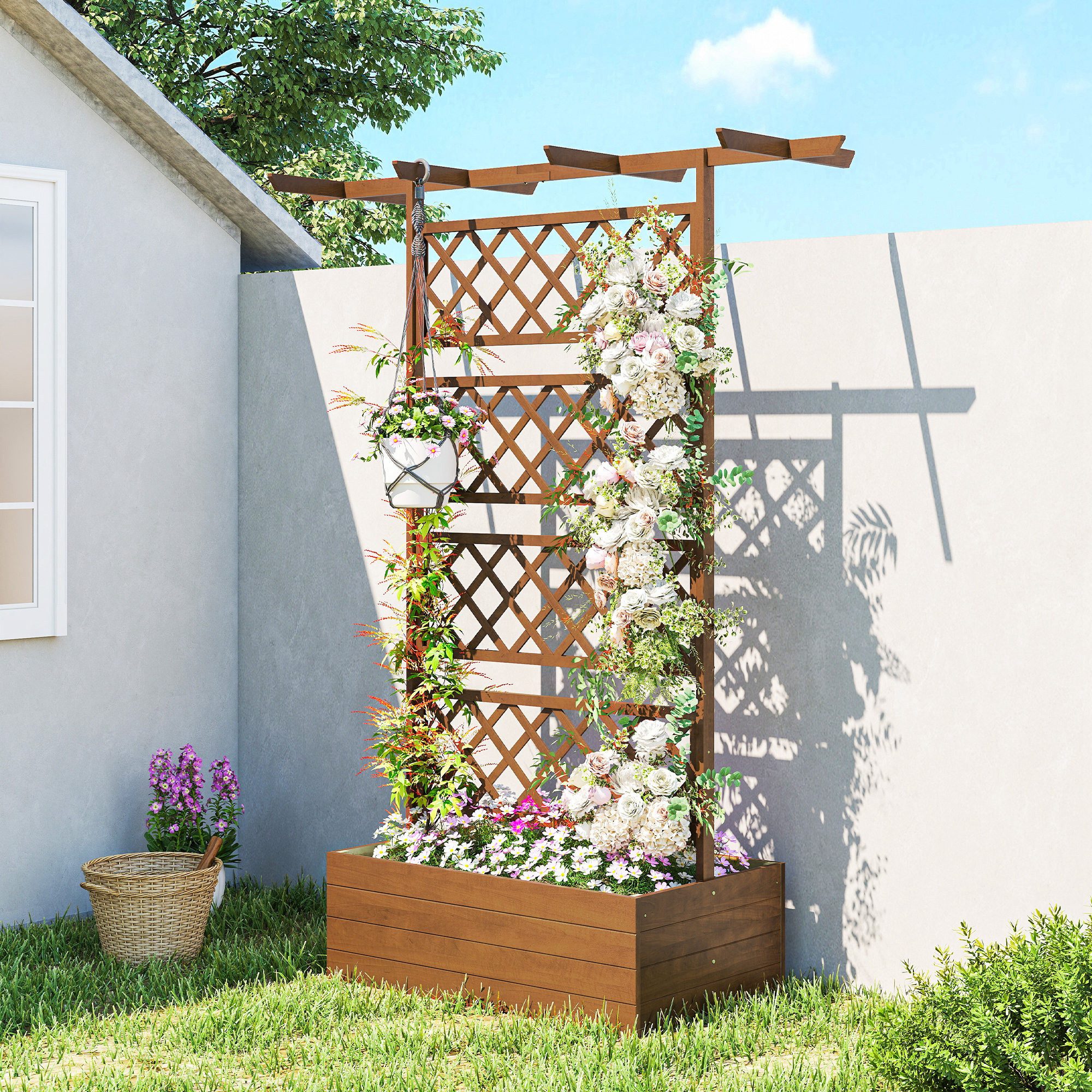 Outsunny Hochbeet Rankengitter Holz mit Dach, Pflanzbeet für Kletterpflanzen (Frühbeet, 1 St., Gartenbeet), für Garten, Balkon, 160 x 55 x 183 cm Orange