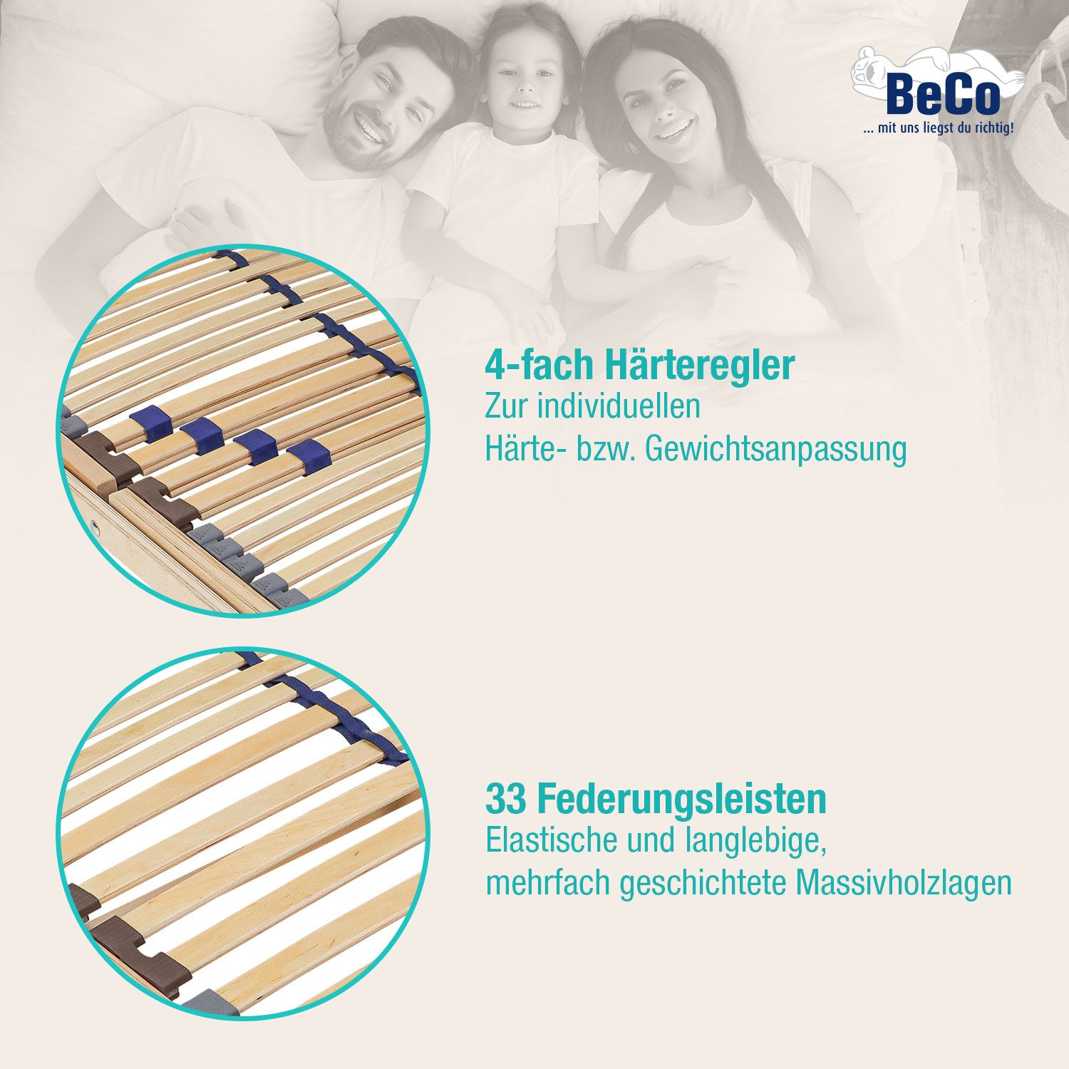 Lattenrost Blue Line KF, Beco, Kopfteil 13-fach verstellbar, Fußteil 13-fach verstellbar, Flachrahmen, 4.5 cm Außenholmhöhe, montiert, 33 Leisten, Blauer Engel