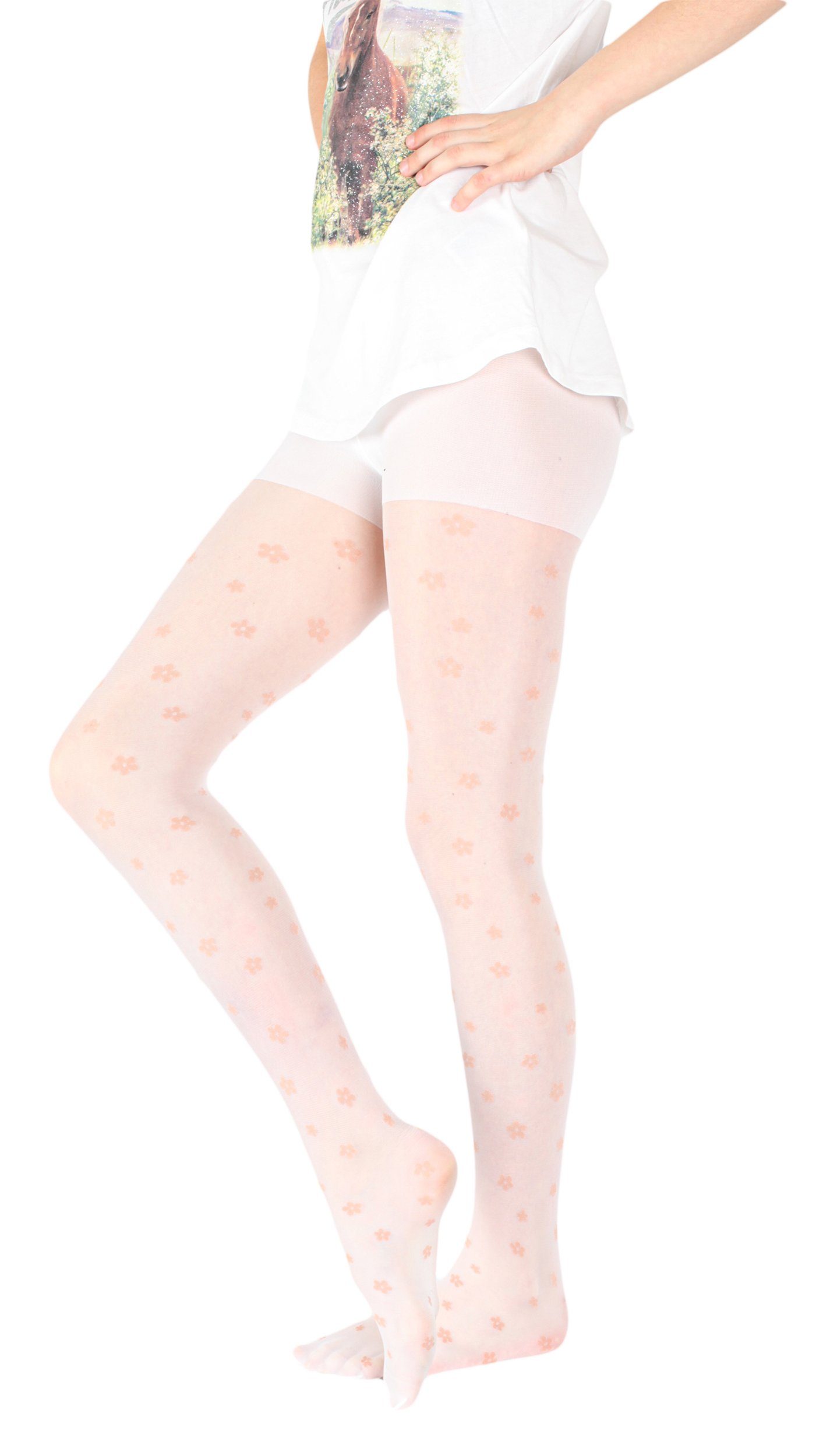 GIULIA Feinstrumpfhose weiße Mädchen Strumpfhose mit Logo Blumen Flower Muster Tattoo 20 DEN (1 St)