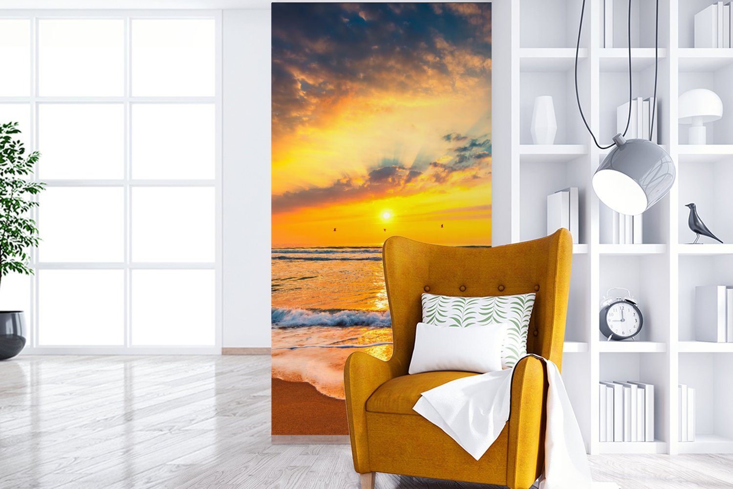 Wohnzimmer - für Orange, - Strand Matt, - Fototapete Fototapete bedruckt, Küche, MuchoWow Schlafzimmer Vliestapete Meer St), Sonnenuntergang (2 - Wolken