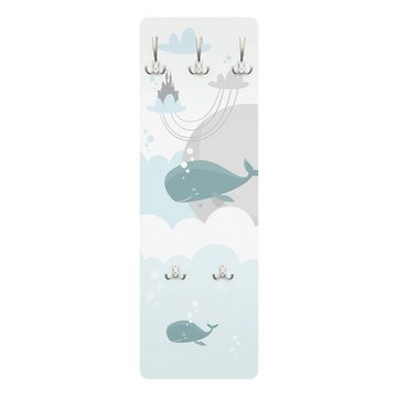 Bilderdepot24 Garderobenpaneel weiss Illustration Kinder Tiere Wolken mit Wal und Schloss Design (ausgefallenes Flur Wandpaneel mit Garderobenhaken Kleiderhaken hängend), moderne Wandgarderobe - Flurgarderobe im schmalen Hakenpaneel Design