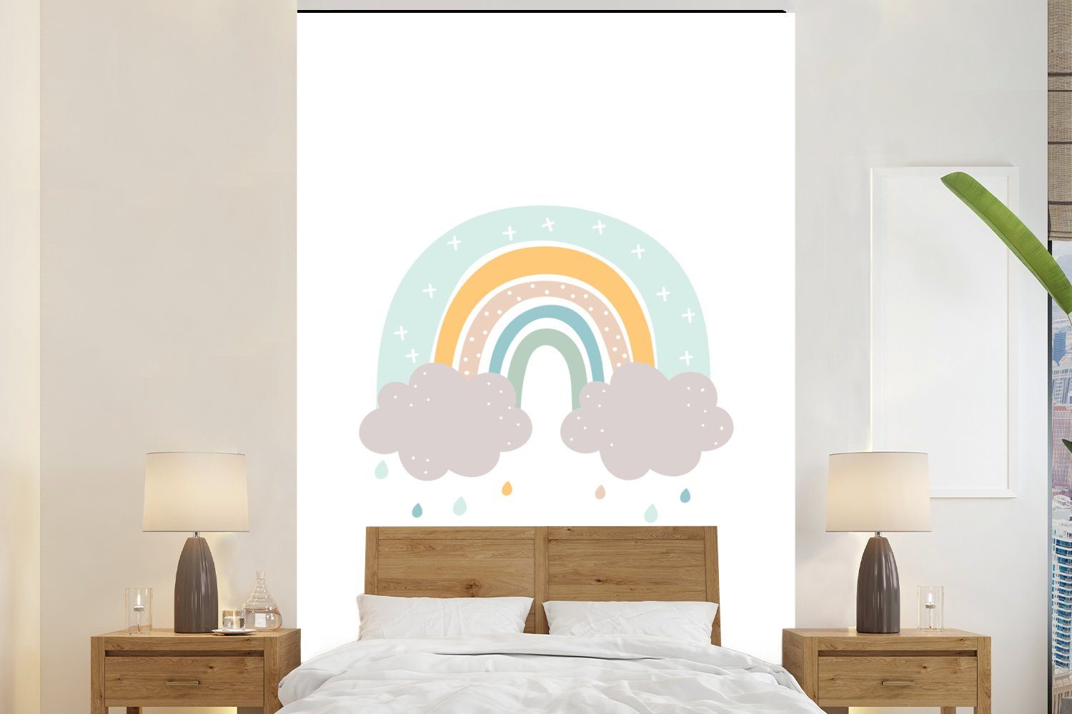 MuchoWow Fototapete Regenbogen - Wolken - Regen - Kinder - Pastell, Matt, bedruckt, (3 St), Montagefertig Vinyl Tapete für Wohnzimmer, Wandtapete