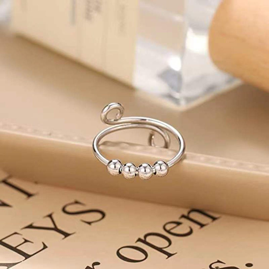 mit Silber Perlen Fingerring Band Ringe,Schwenkring Verstellbare zur Haiaveng Anti Ringe,Damen S925 Spannungsentlastung Angst Ring,