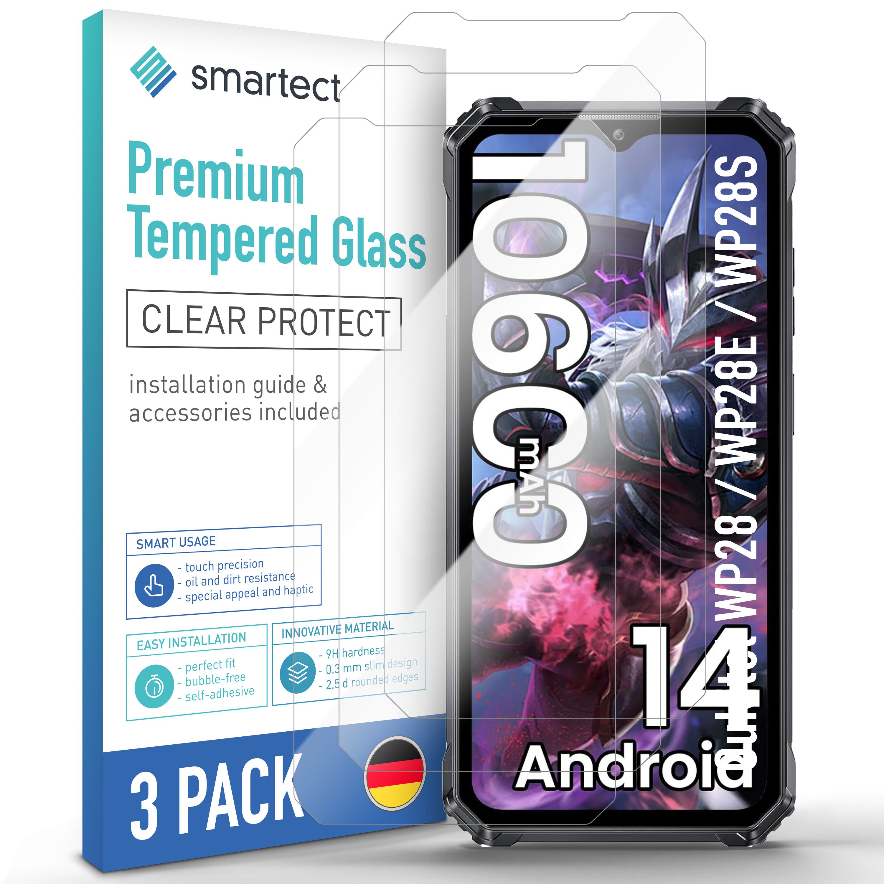 smartect Displayschutzglas Schutzglas Klar für Oukitel WP28 / WP28E / WP28S, 3 Stück für Oukitel WP28 / WP28E / WP28S, 3 Stück, Anti-Fingerabdruck, 9H HŠrte, Blasenfreie Installation