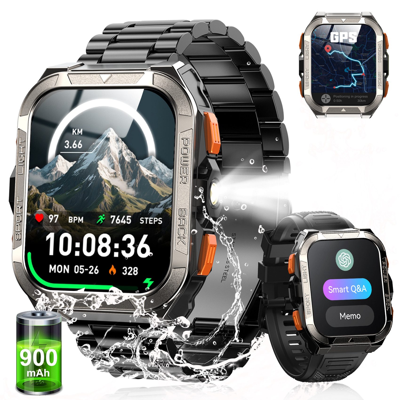 blackview GPS Smartwatch Herren mit 900mAh, LED Taschenlampen, 60 Tage Standby Smartwatch (1.91 Zoll, iOS&Android&HarmonyOS) Packung, 3xRiemen (Metallarmband+Silikonarmband+Geflochtenesband) und Ladekabel, 1,91",Taschenlampe/Kompass/SOS/Blutdruck/SpO2/HR/Chatgpt/Schritten