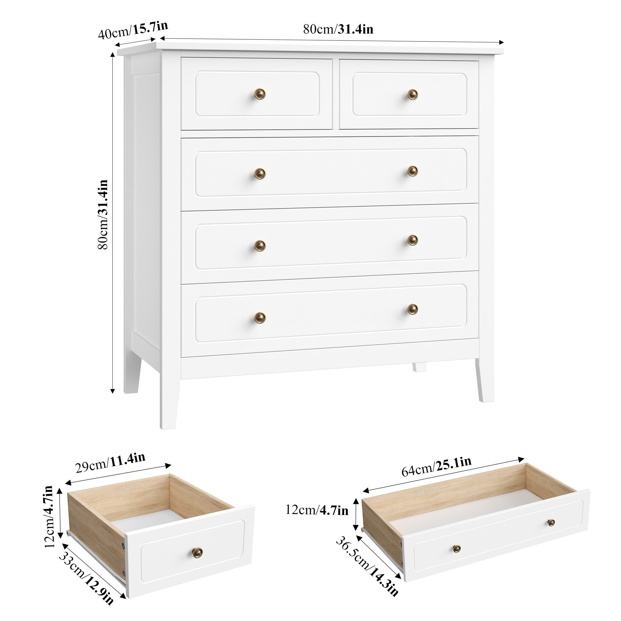 Homfa Kommode, Sideboard mit 5 Schubladen, Metallgriffe, weiß, 80x40x80cm