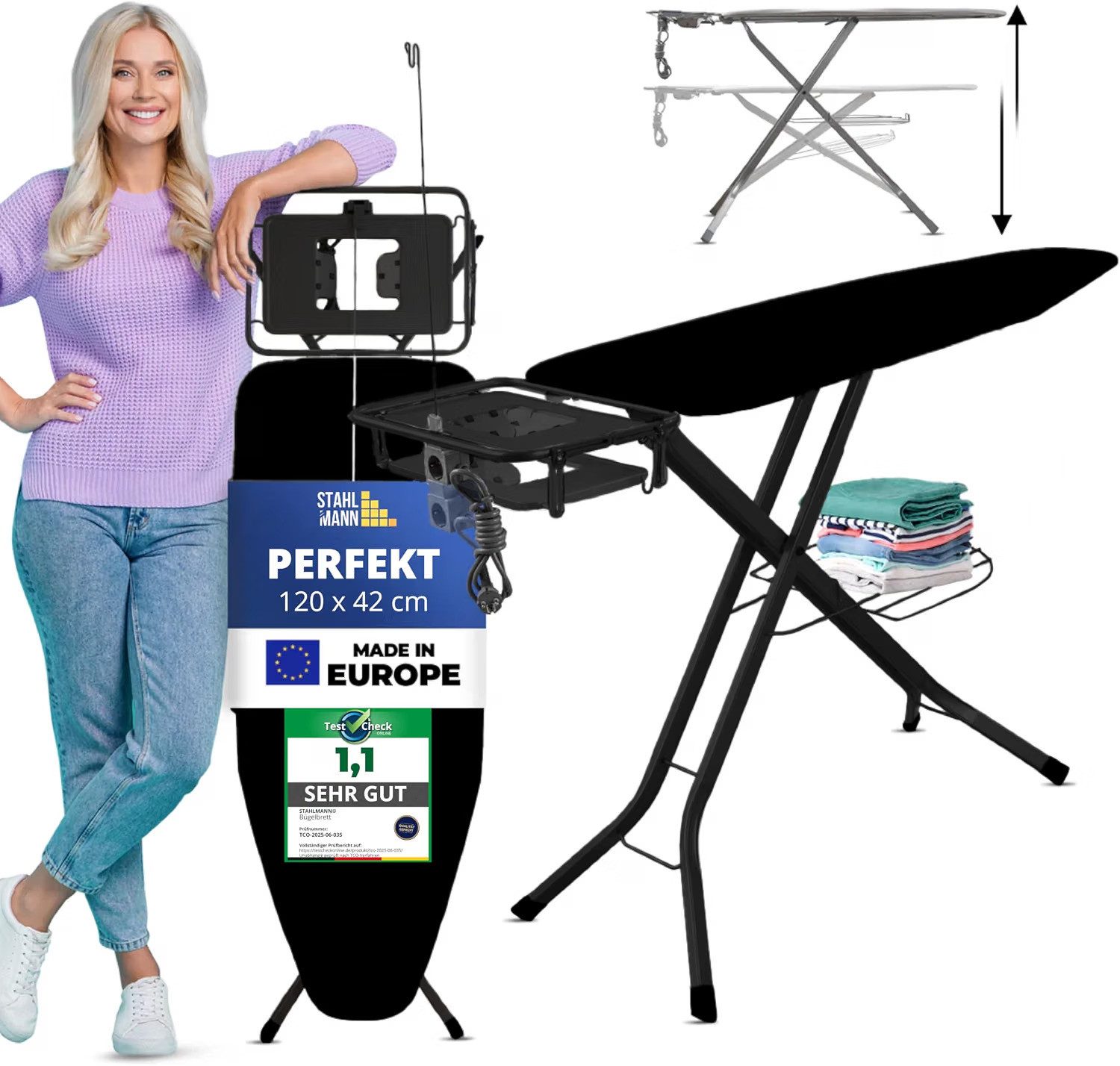 Stahlamm Commerce Bügelbrett für Dampfbügelstation XL [120 x 42 cm] höhenverstellbar 73-100 cm, Bügelfläche 42x120 cm, Made in EU, bis 25 kg belastbar, Baumwollbezug, Bügeltisch XXL