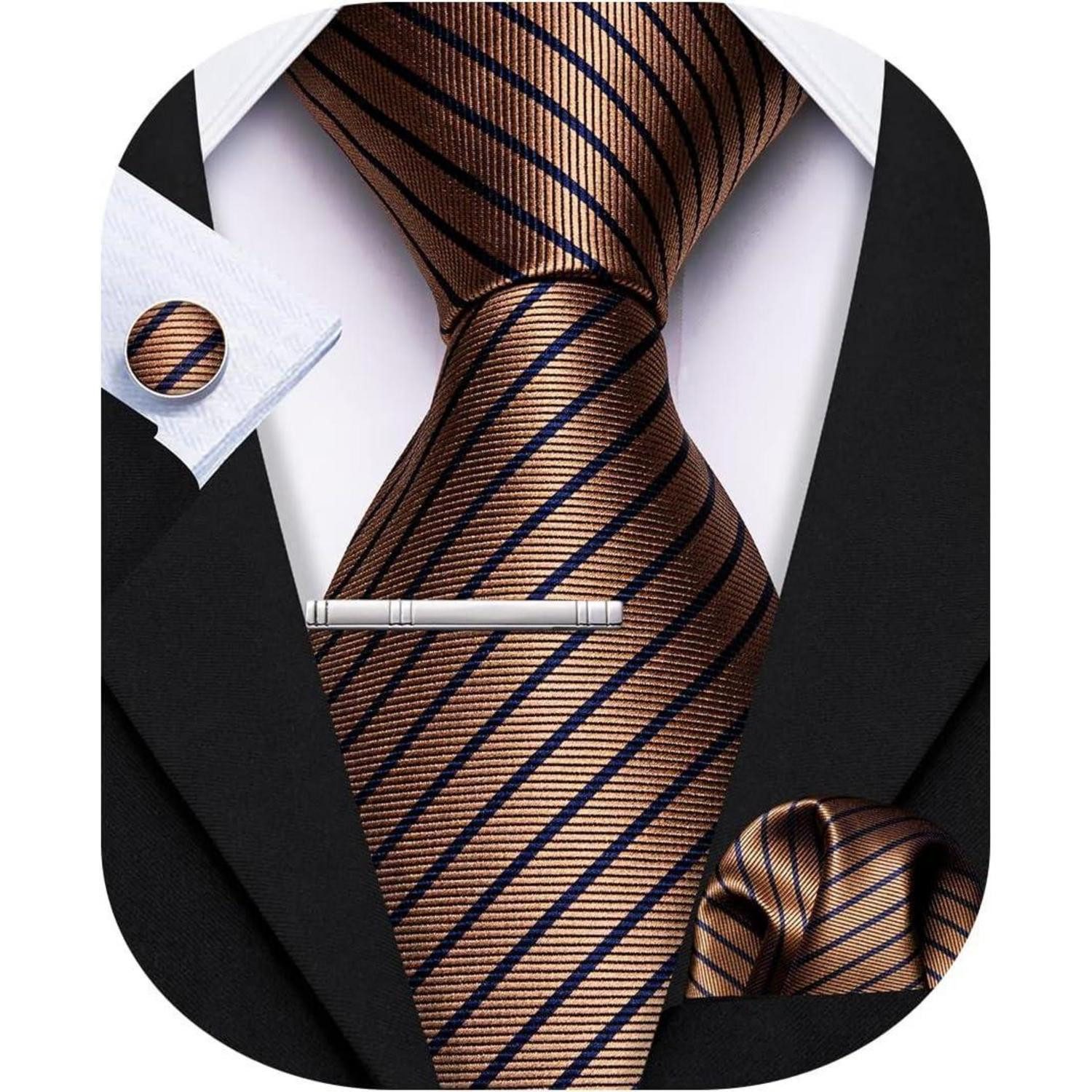 LuxusKollektion Krawatte Krawatten Set Herren Hochzeit Taschentuch Streifen Kaffee (1-St)
