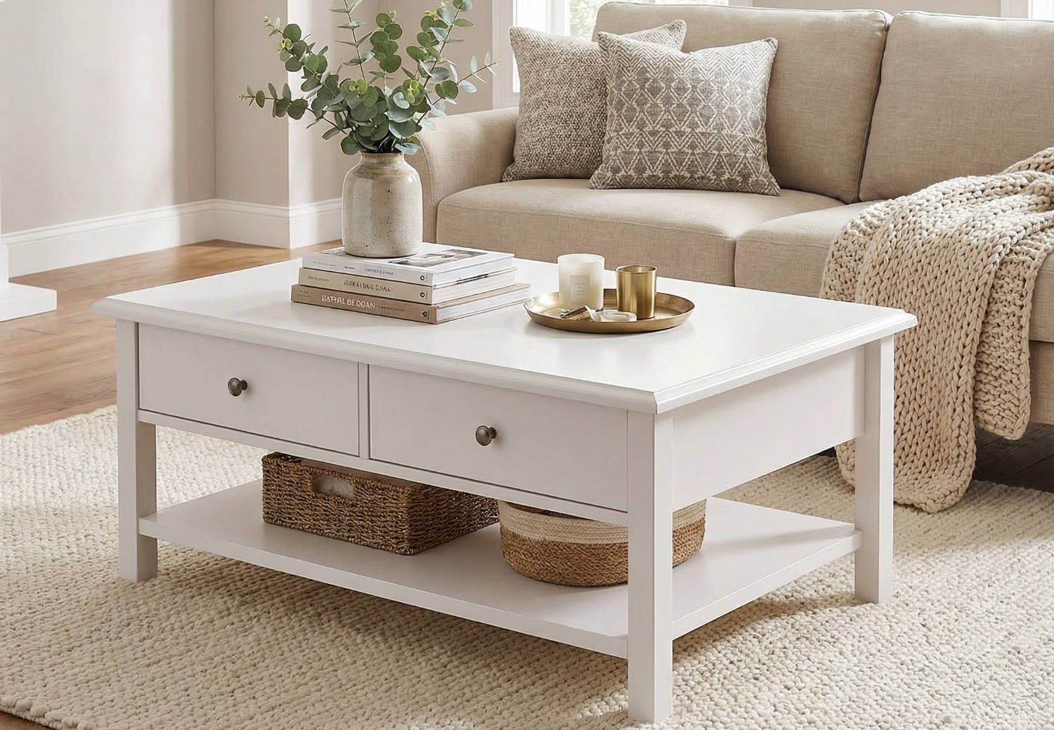 moebel-dich-auf Couchtisch AARHUS (weiß, im Landhausstil), 2 Schubkästen, 1 Ablageboden, 102 cm breit