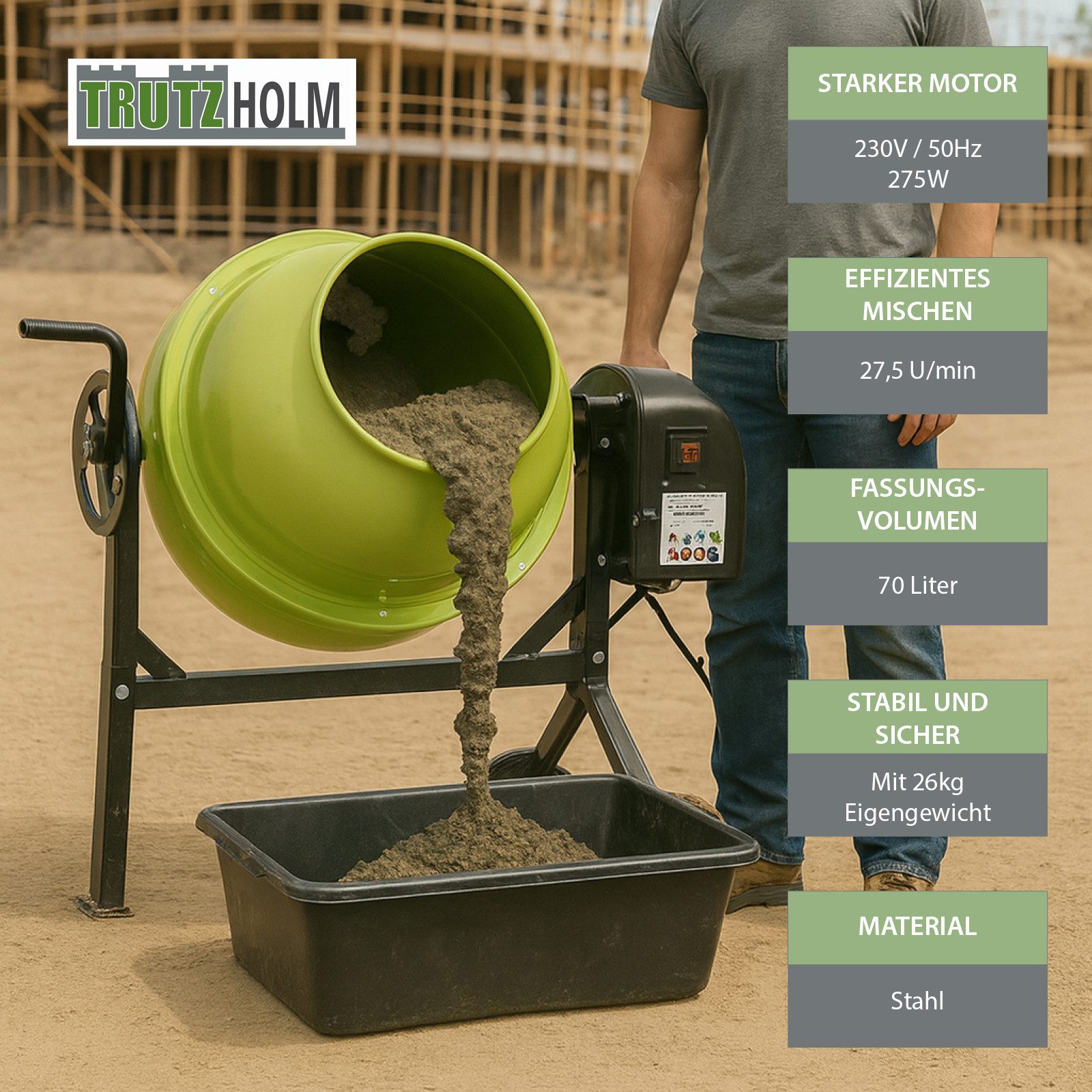 TRUTZHOLM Betonmischer Betonmischer 70L 230V 275W 27,5 U/min Zahnräder aus Guss Zementmischer, Kompakte Bauweise, strahlwassergeschützt, fahrbar
