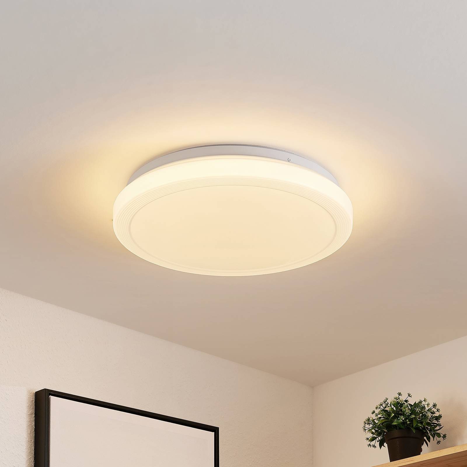 Lindby LED Deckenleuchte Dimano, LED-Leuchtmittel fest verbaut, warmweiß, Modern, Metall, Kunststoff, weiß, 1 flammig, inkl. Leuchtmittel, LED