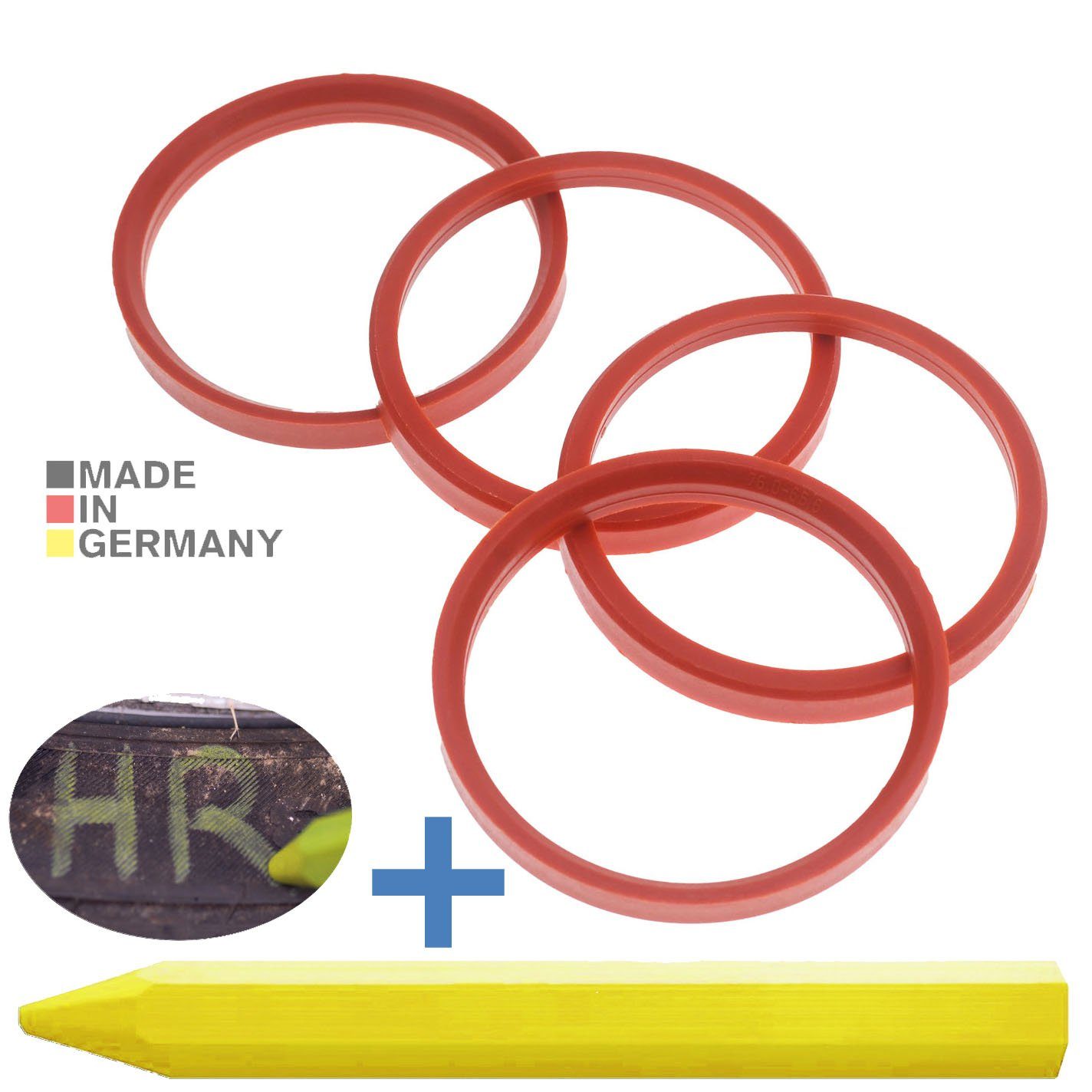 RKC Reifenstift 4X Zentrierringe Orange Felgen Ringe + 1x Reifen Kreide Fett Stift, Maße: 76,0 x 66,6 mm | Reifenstifte