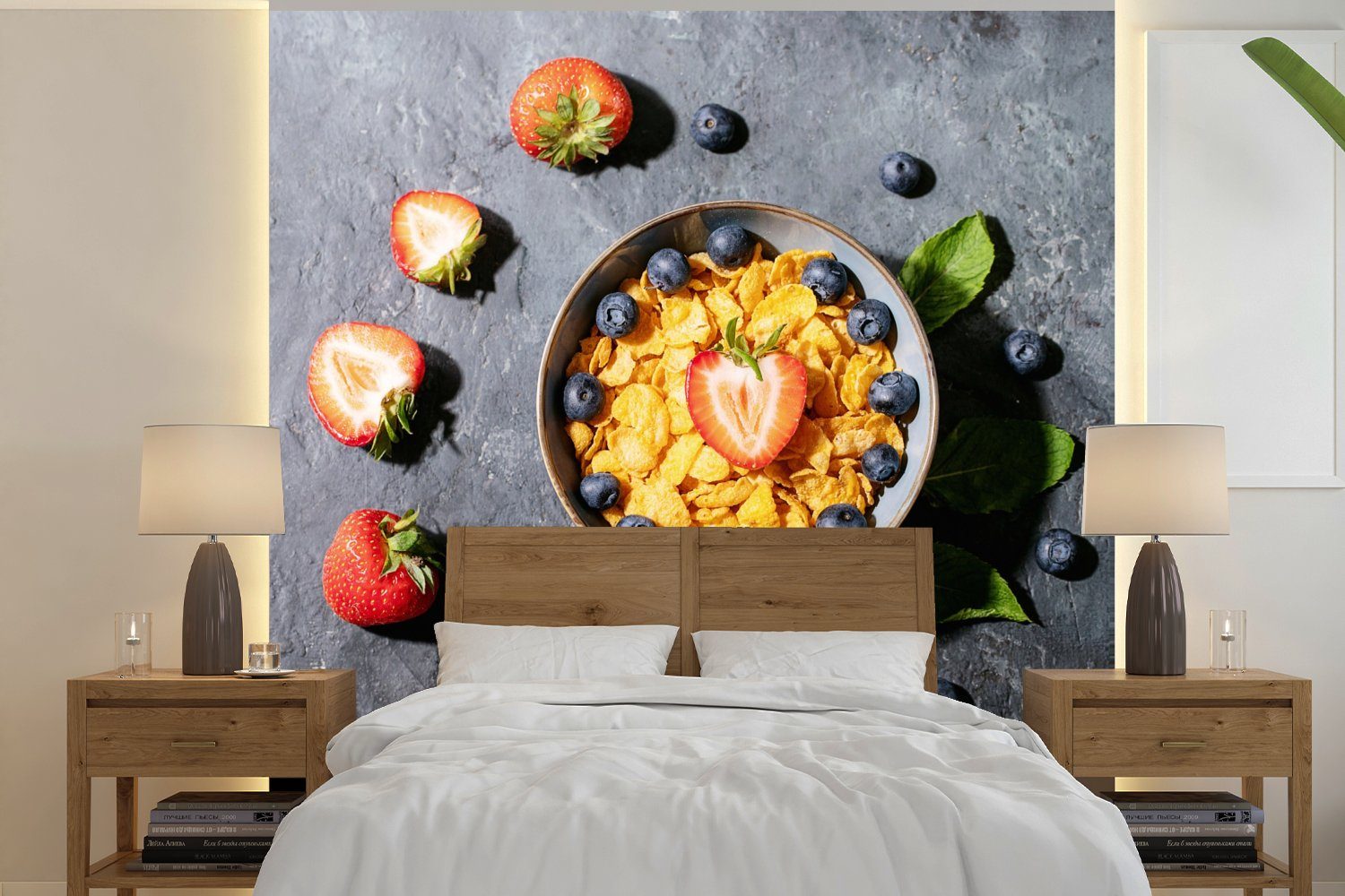 MuchoWow Fototapete Erdbeere - Cornflakes für St), Beeren Tapete oder Wohnzimmer Schlafzimmer, - - bedruckt, Kräuter, Wandtapete (5 Matt, Vinyl