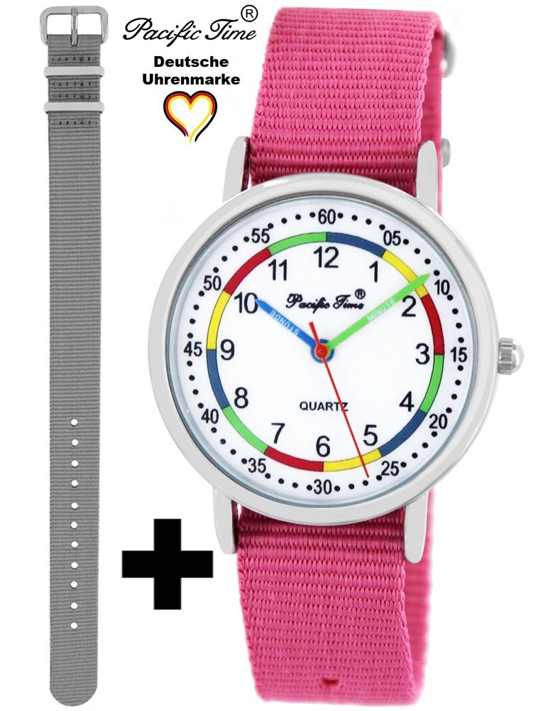 Gratis First Quarzuhr rosa Wechselarmband, Versand Kinder grau - Time Set Match Lernuhr Armbanduhr Pacific Design und und Mix