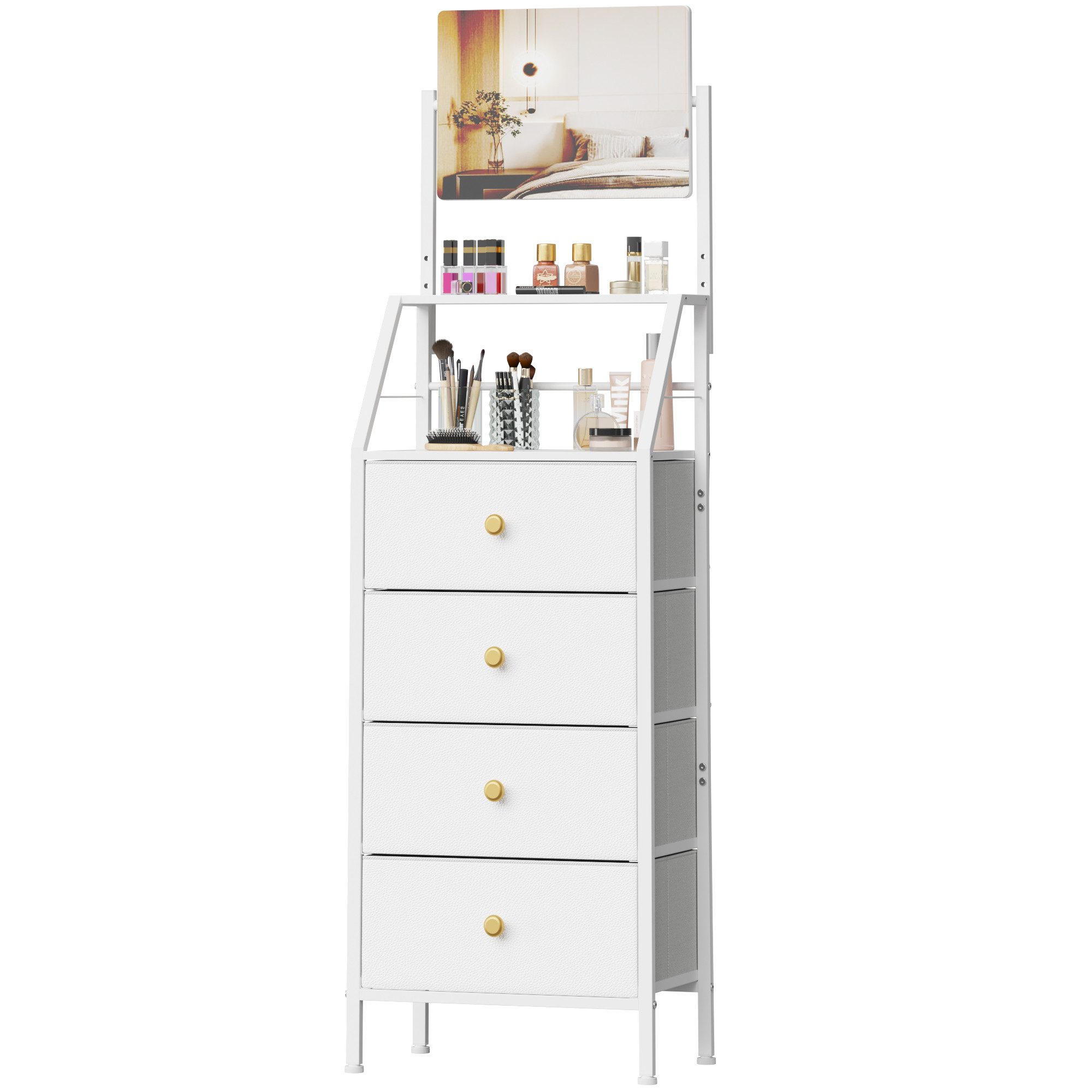 OYRREU Schminkschrank mit Spiegel, 4 Stoffschubladen, 147 cm hohe Kleiderkommode (2-in-1 Spiegel-Kommode) platzsparendes Hochdesign, kippsicher