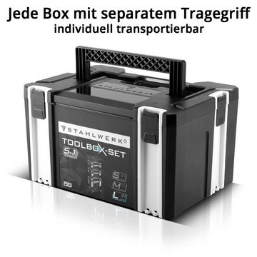 STAHLWERK Werkzeugbox 5 in 1 Universall Werkzeugkiste Werkzeugkoffer, modulares stapelbares Toolbox System Werkzeugtrolley, hochbelastbar