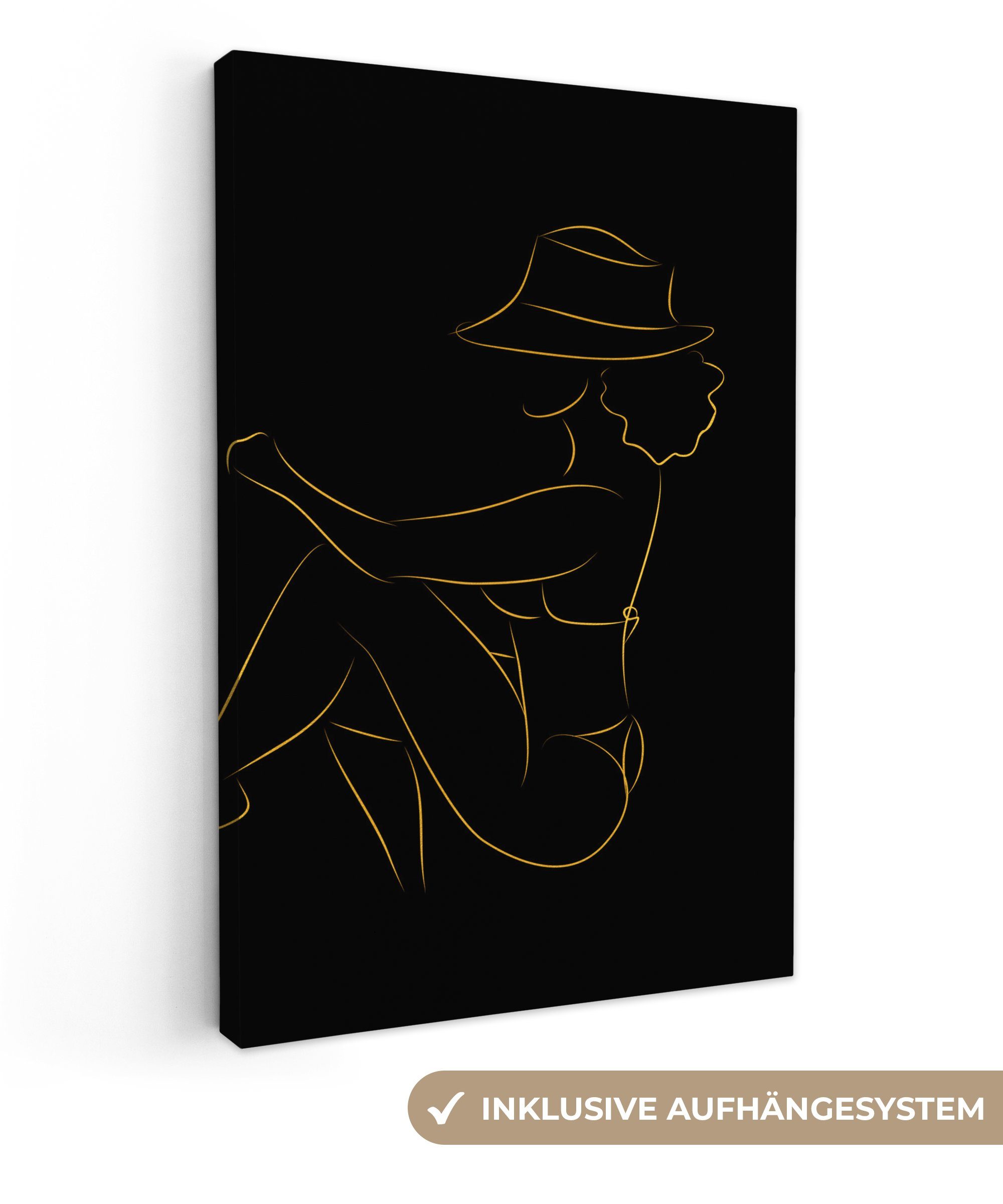 OneMillionCanvasses® Leinwandbild Frau - Hut - Gold - Schwarz, (1 St), Leinwandbild fertig bespannt inkl. Zackenaufhänger, Gemälde, 20x30 cm