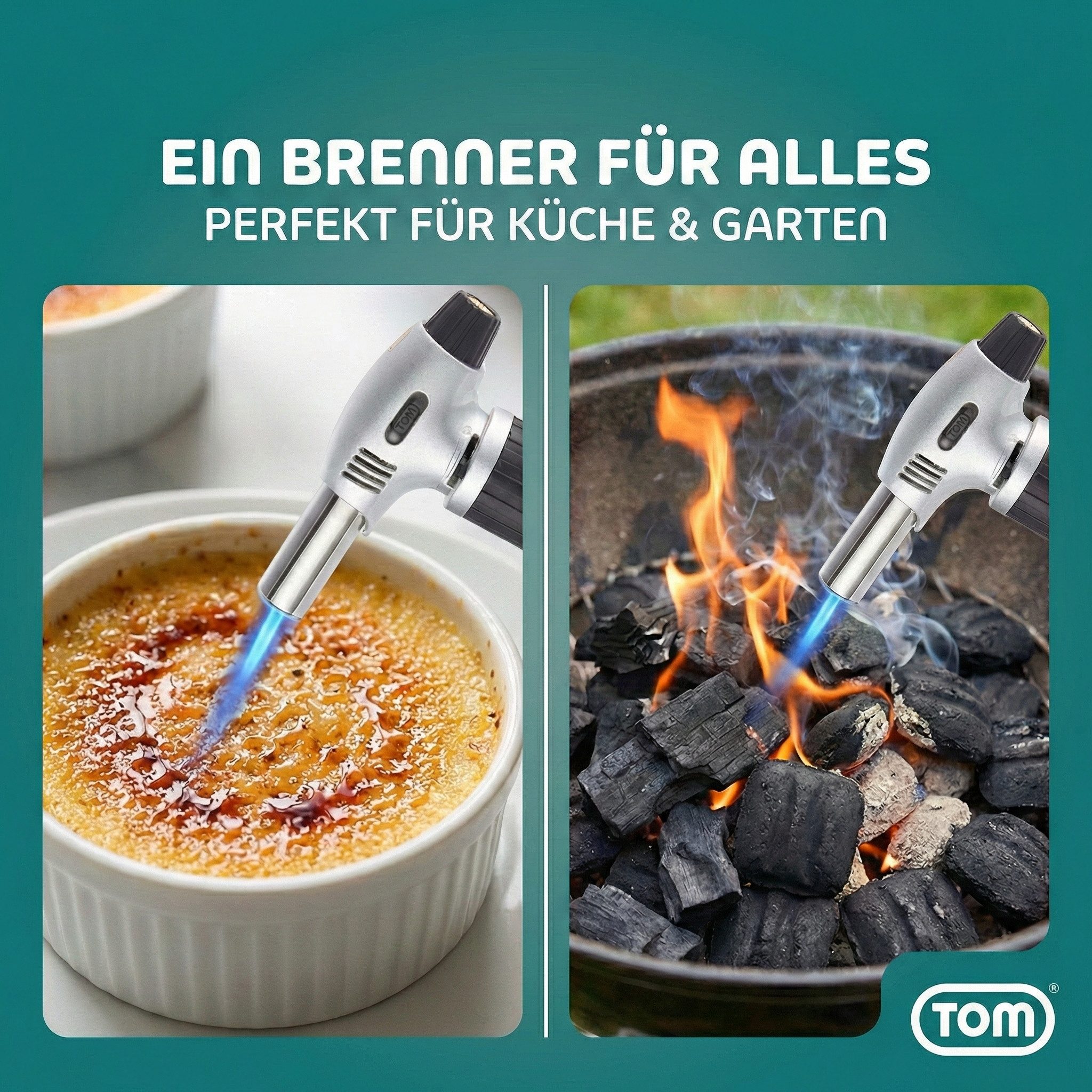 TOM Flambierbrenner Crème Brulée Brenner mit 1 x 100ml Gaskartusche, (2-tlg), 1300°C, Piezozündung