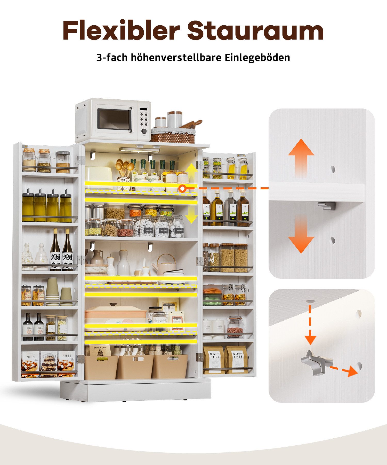 Yorbay Mehrzweckschrank Küchenschrank mit LED-Sensorlicht & höhenverstellbaren Regalen (118x60x38cm) Freistehender Vorratsschrank mit Doppeltüren für Küche & Wohnzimmer