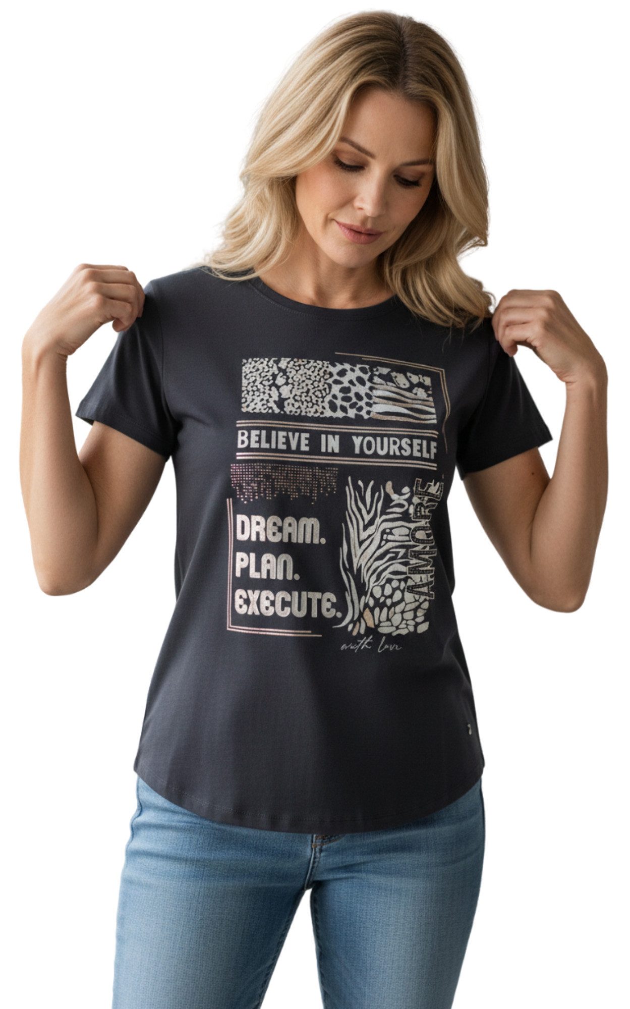 Kurzarmshirt Gio Milano, Shirt mit Animalprint und dezenten Strassbesatz