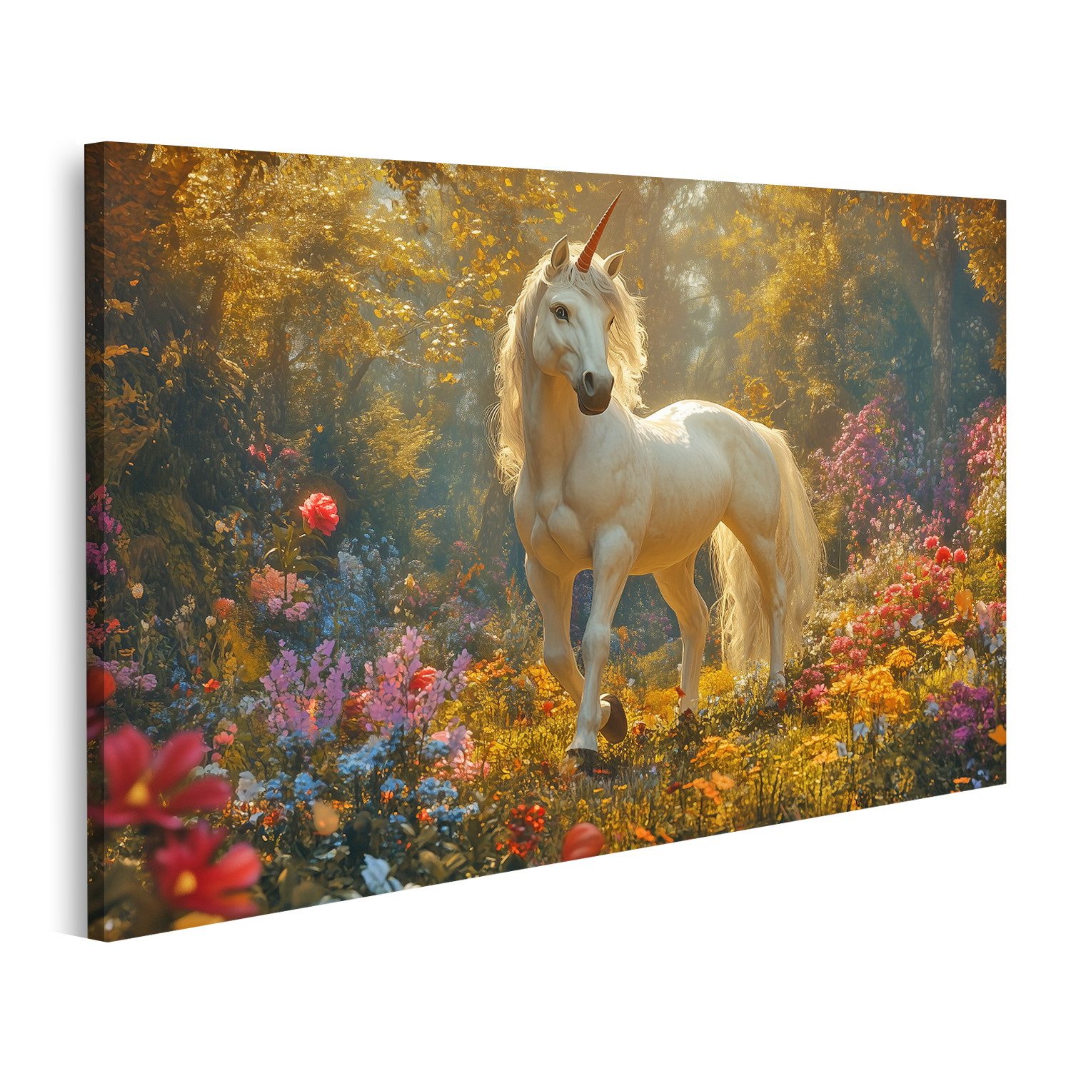 islandburner Leinwandbild Einhorn im verzauberten Blumengarten günstig online kaufen