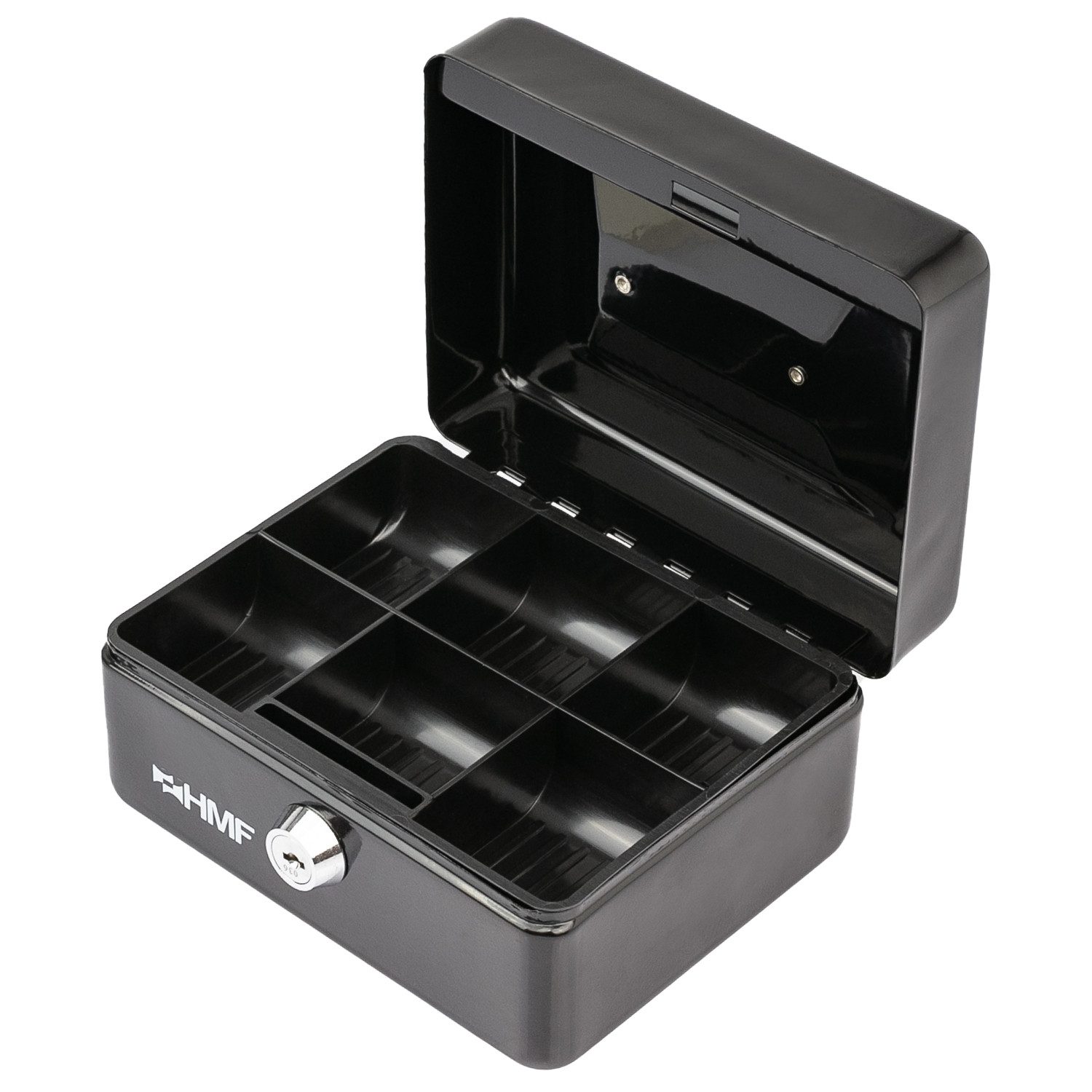 HMF Geldkassette Geldkassette abschließbar, Kasse mit Münzeinsatz, Geldkasse mit 6 Münzfächern 15 x 12 x 8 cm Schwarz