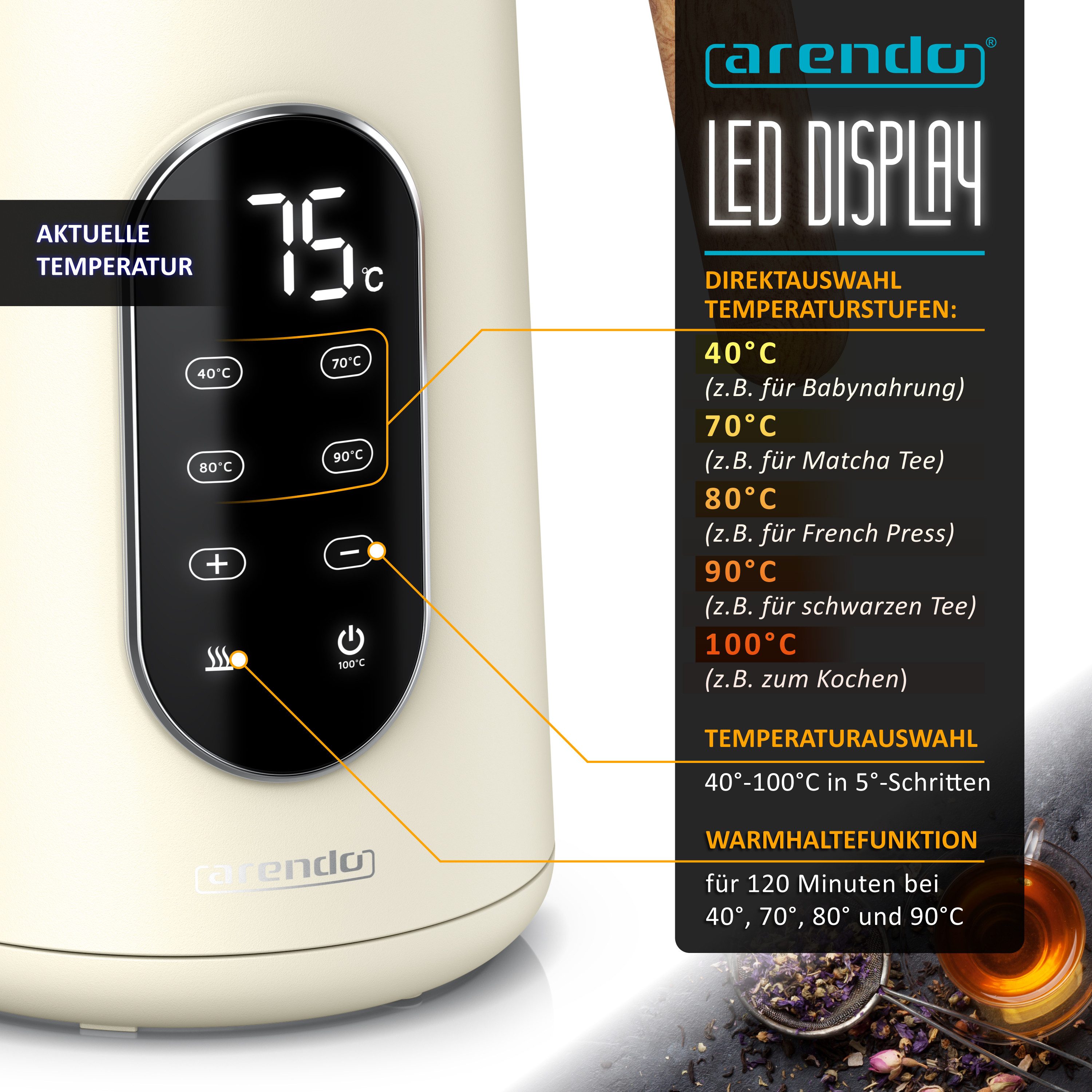 Arendo Wasserkocher Edelstahl, Doppelwand, Temperatureinstellung 40° - 100 °C mit Anzeige, 1,7 l, 2200 W, LED-Display, 5 Direktwahltemperaturen, Holzoptik-Griff, BPA-frei