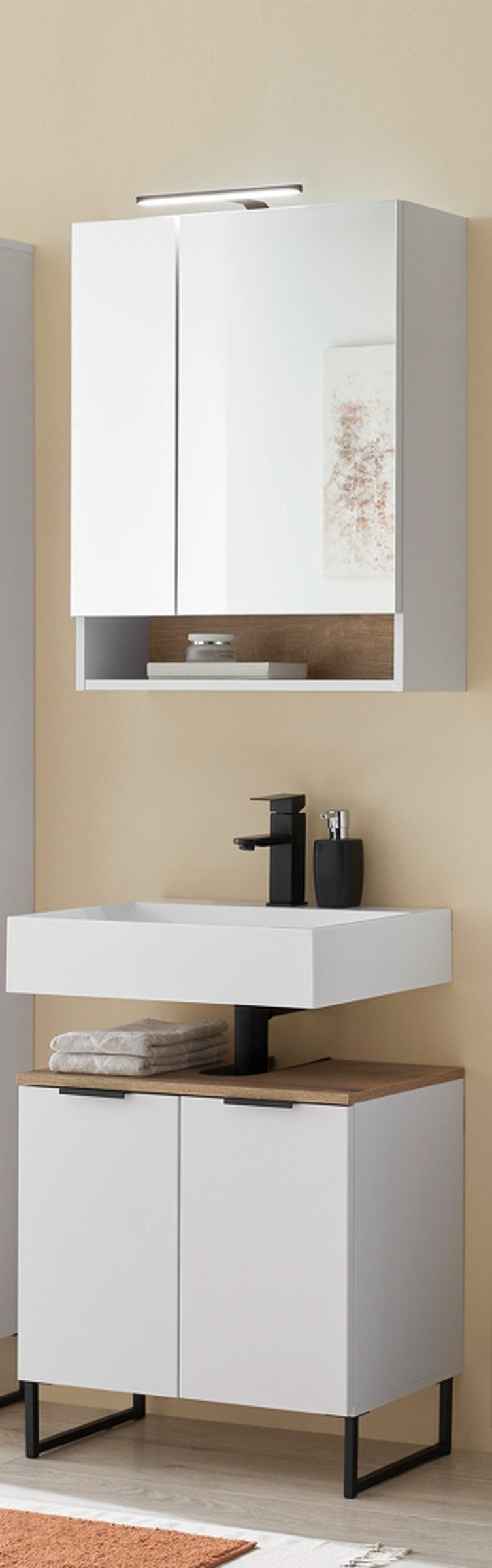 BEGA BBK Badezimmer-Set (2-tlg) in weiß matt / Evoke Eiche Dekor - 60x195x35 (BxHxT), (2-tlg., bestehend aus: Waschbeckenunterschrank,Spiegelschrank)