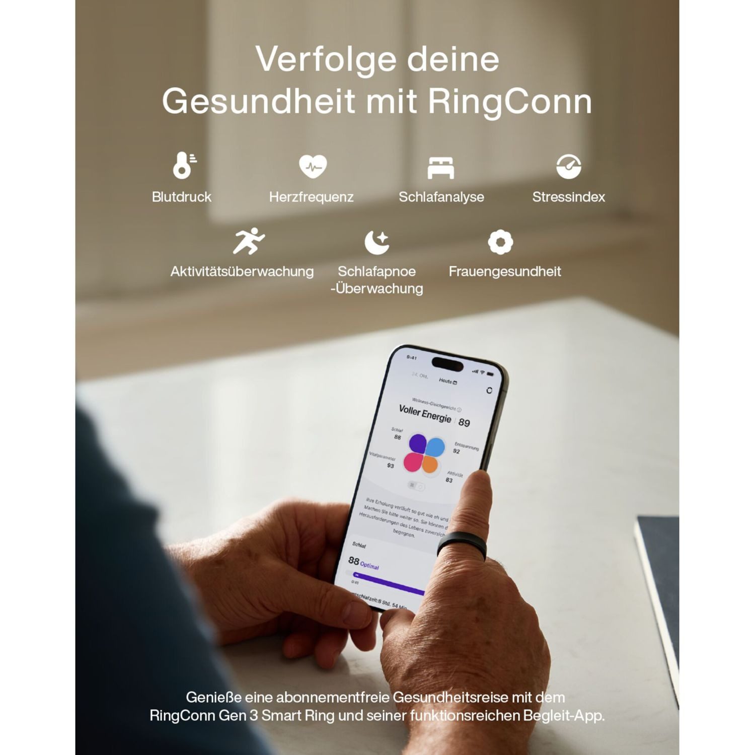 RingConn Smart Ring Gen3 - smarter Begleiter für Gesundheit, Fitness und Regeneration, bis zu 14 Tage Akku • Gratis-App ohne Abo • Vibrationsfunktion