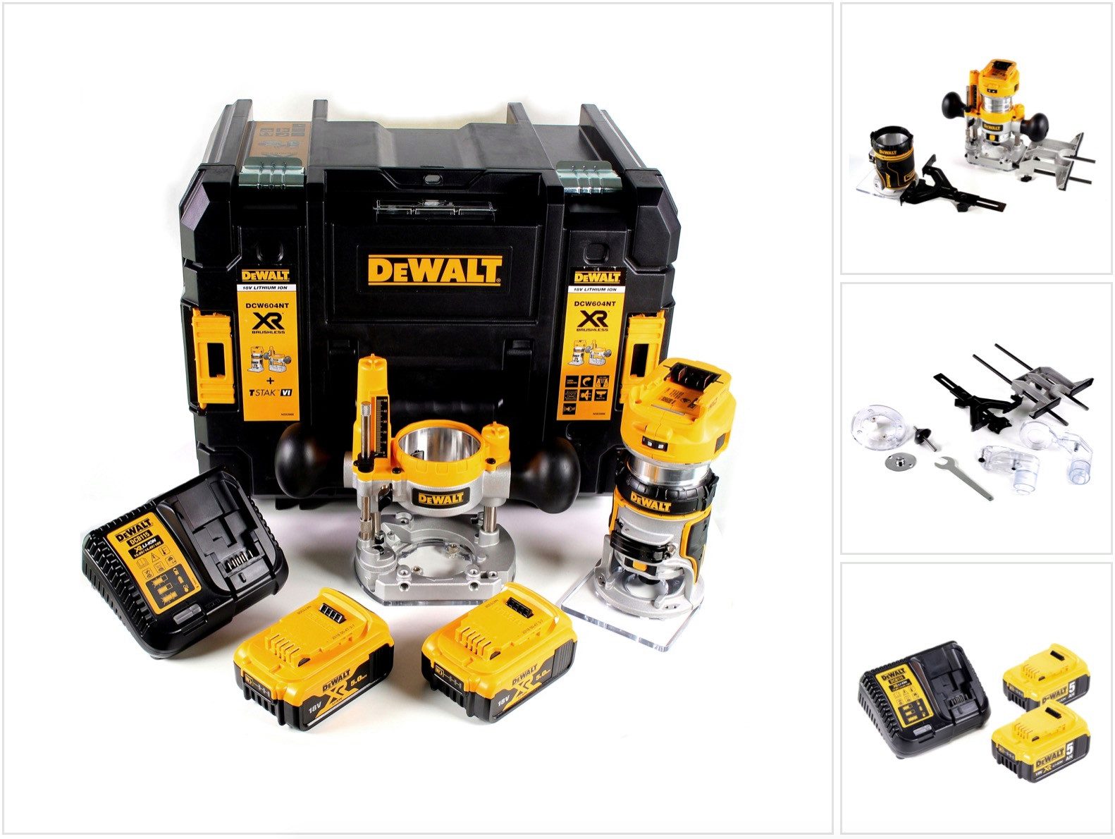 DeWalt Oberfräse DCW 604 P2 Akku Kombifräse 18V 55 mm + 2x Akku 5,0Ah + Ladegerät + TS