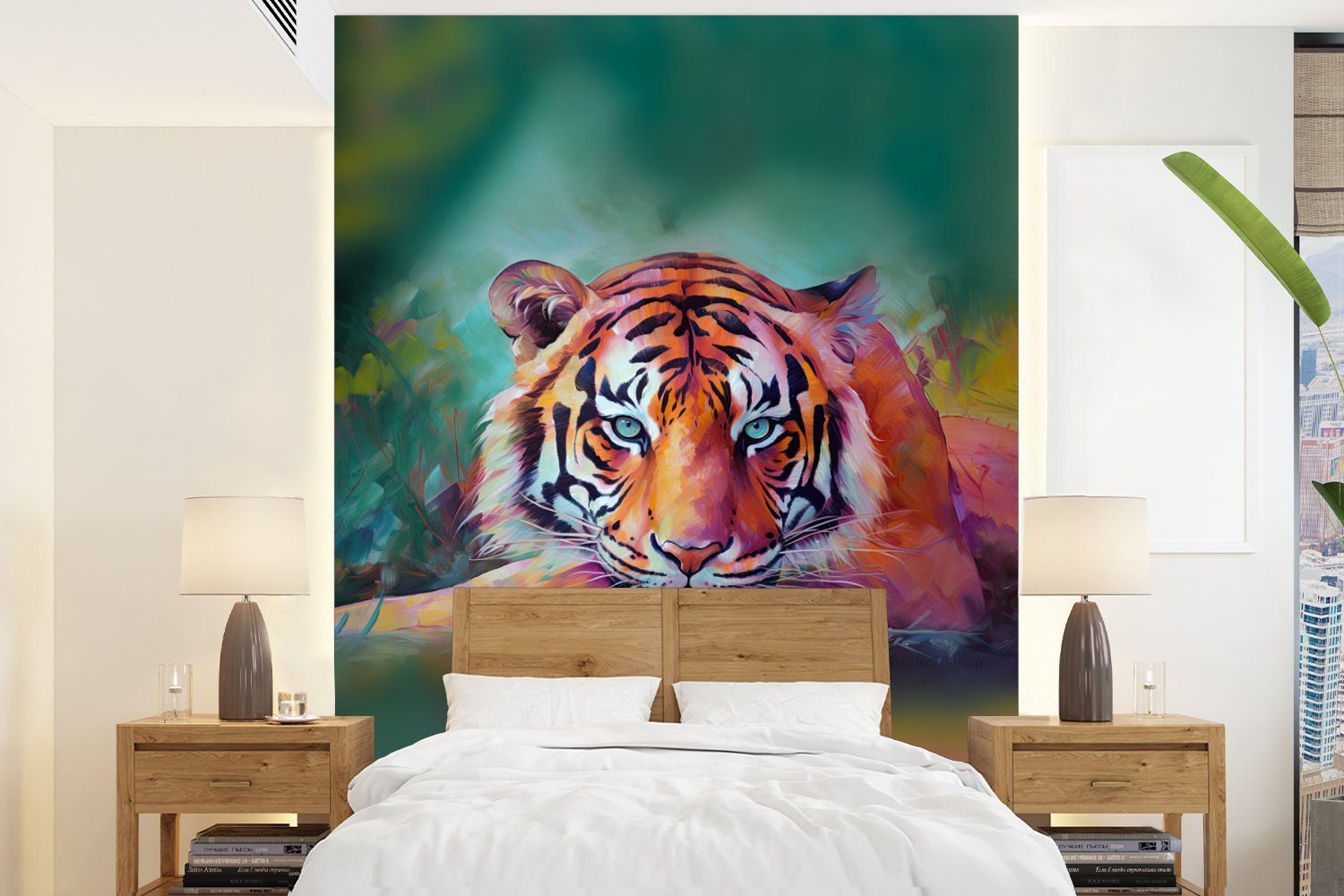 MuchoWow Fototapete Tiger - Ölfarbe - Tiere - Kunst, Matt, bedruckt, (4 St), Montagefertig Vinyl Tapete für Wohnzimmer, Wandtapete