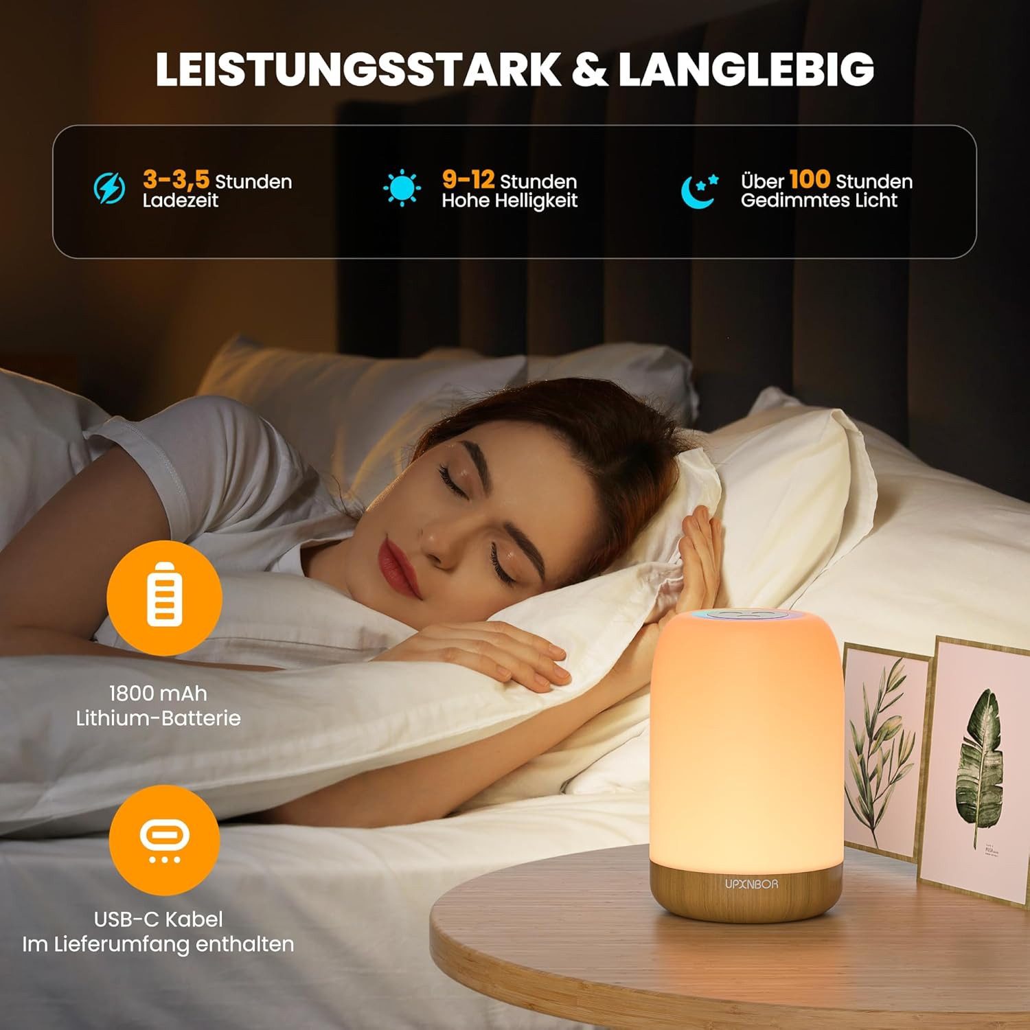 Luckice LED Nachtlicht Touch Dimmbar mit 256 RGB Farben & 4 Modi, Tischlampe Kabellos mit Timer & Haken, USB Aufladbar, Holzmaserung, Tragbares Nachtlicht für S – Bild 3 von 5