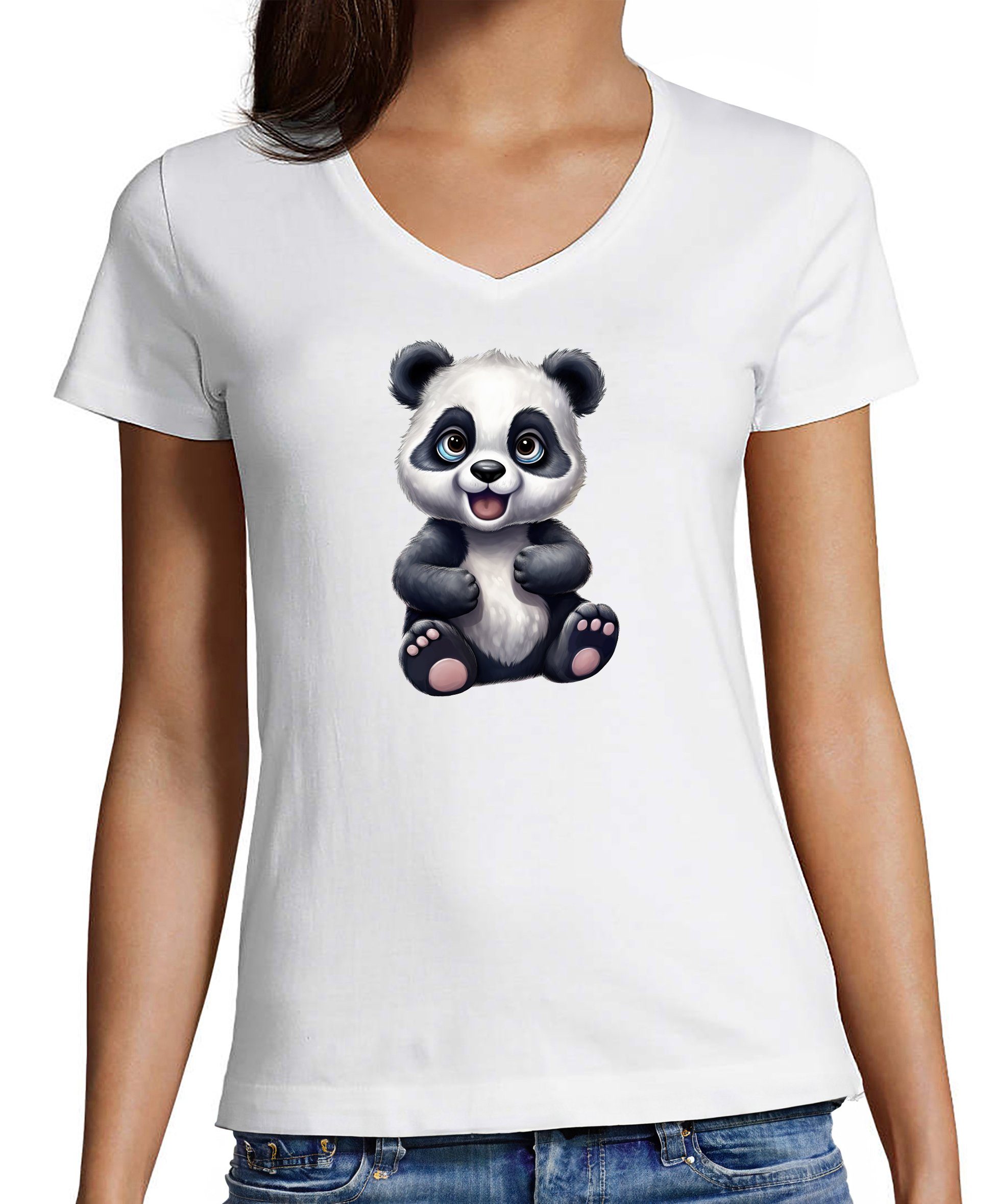 MyDesign24 T-Shirt Damen Wildtier Print Shirt - Baby Panda Bär V-Ausschnitt Baumwollshirt mit Aufdruck Slim Fit i264