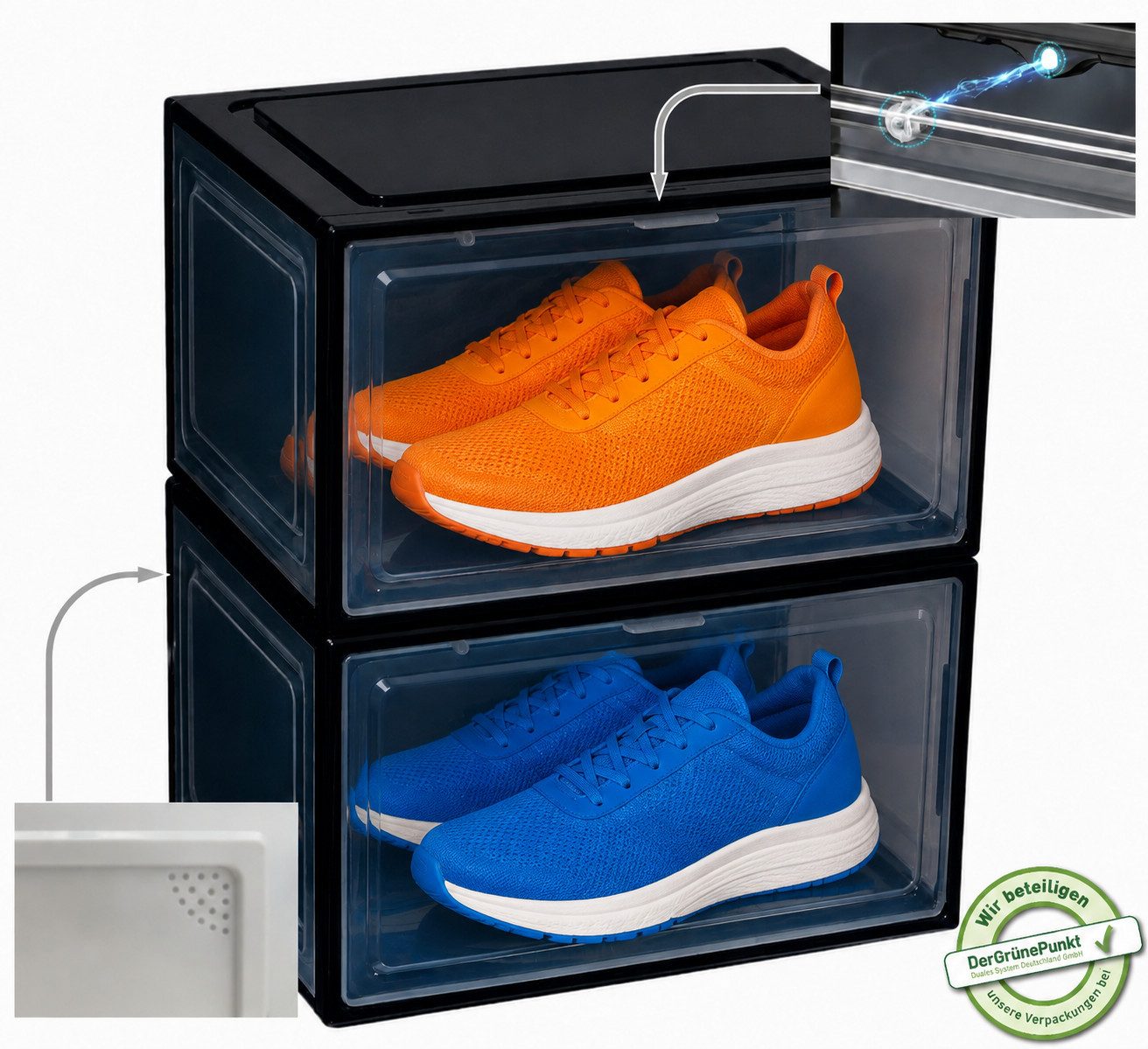 Creliv Schuhbox mit Magnettür – Stapelbare Sneaker Aufbewahrung bis Gr. 48 (2 St)