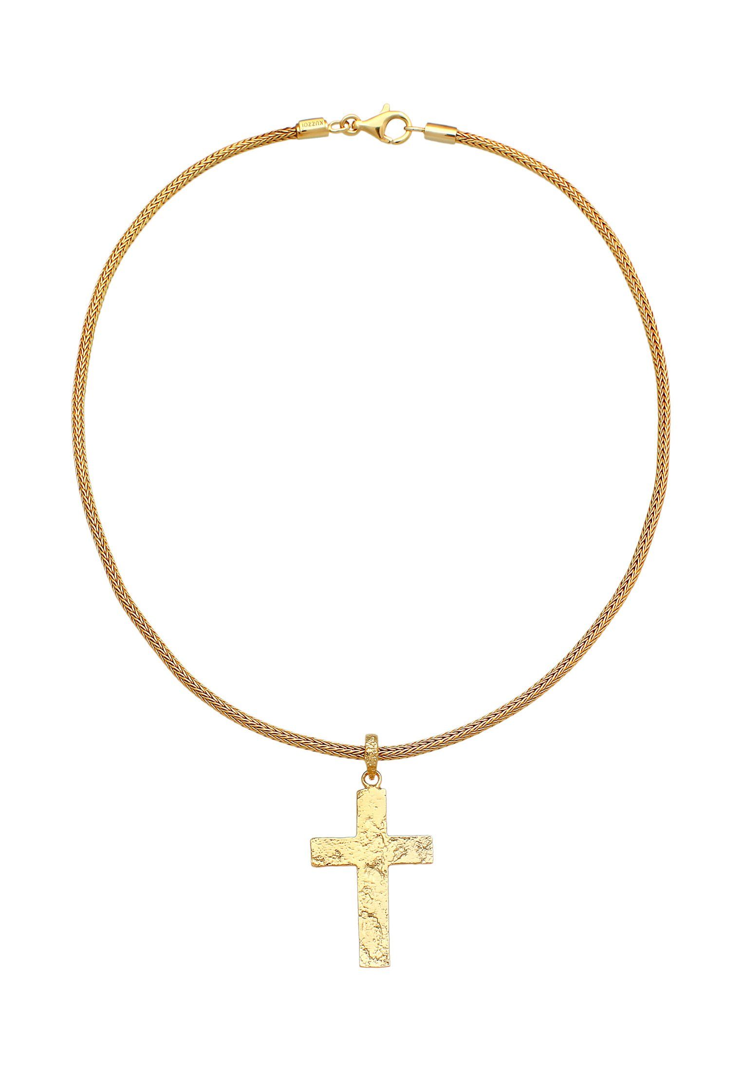 Gehämmert Herren Gold Kreuz 925 Anhänger Kette mit Zopfkette Kreuz Silber, Kuzzoi