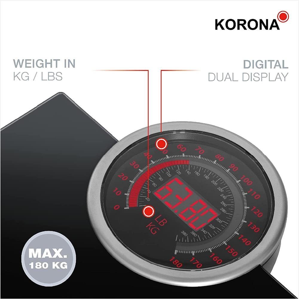 KORONA Personenwaage CORA mit rotem XXL analog / digital Display Retro Design schwarz, Glaswaage 180 kg große Anzeige rot beleuchtet Vintage-Design