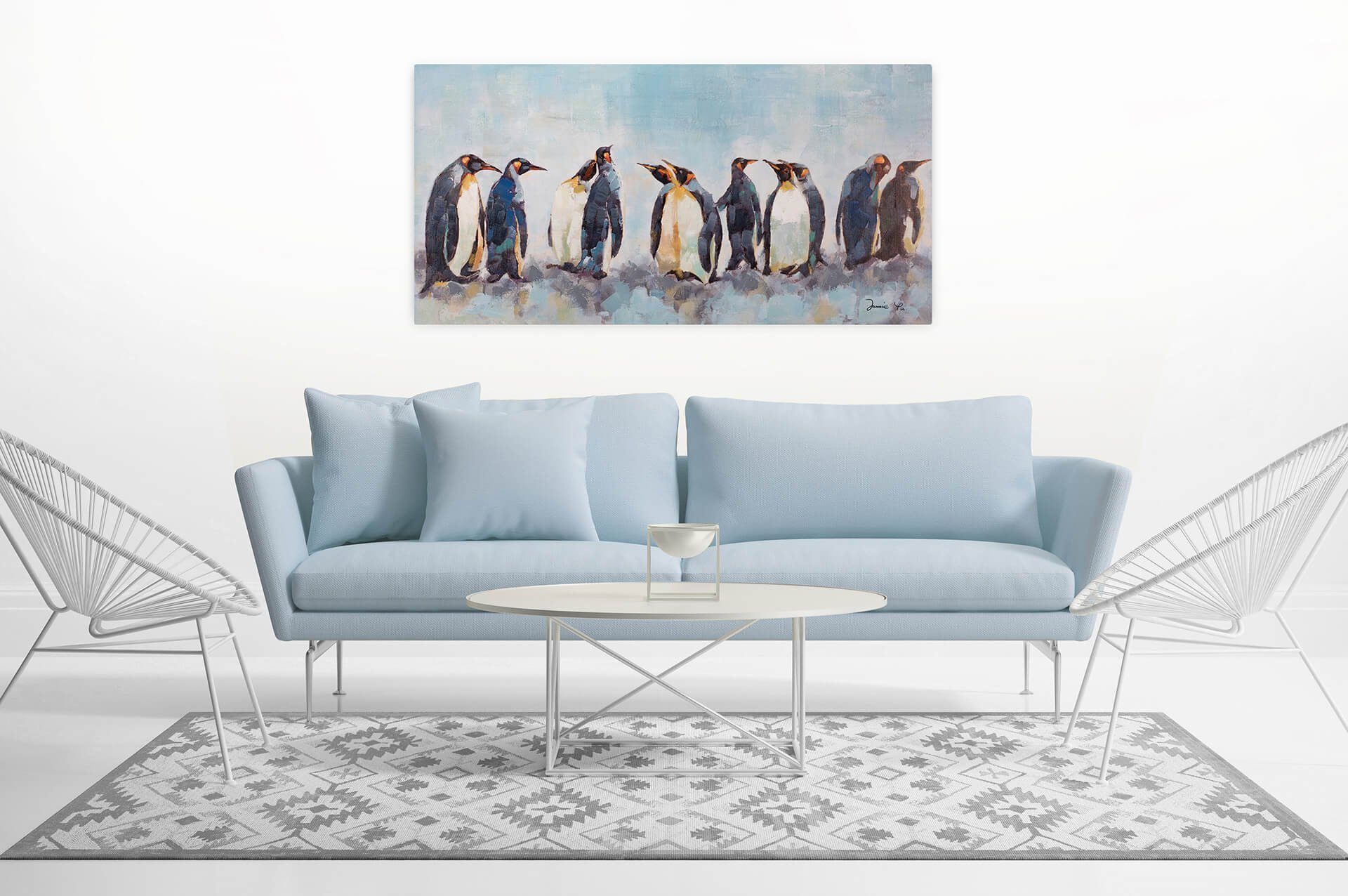 120x60 Pinguine Wohnzimmer Kreis der Leinwandbild KUNSTLOFT Wandbild HANDGEMALT 100% Gemälde cm,