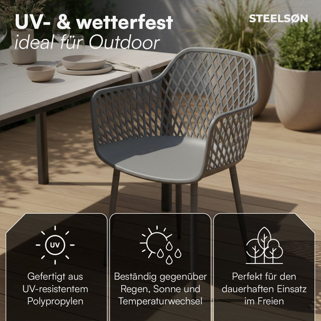STEELSØN Gartenstuhl Quasira wetter- & UV-beständig (grau, 2er Set), outdoor Loungesessel mit Armlehnen, verfügbar als 2er/4er/6er Set