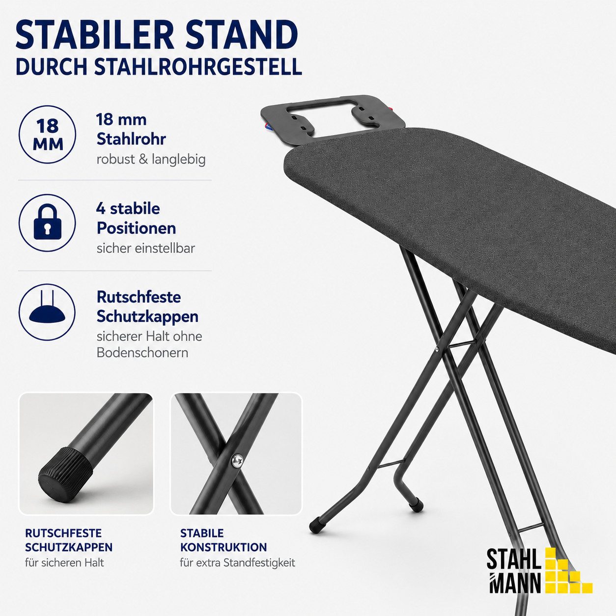 STAHLMANN Bügelbrett [110 × 32 cm] Schwarz 4-fach höhenverstellbar Made in EU, Bügelfläche 110x32 cm, 110 × 32 cm · Schwarz · 4-fach höhenverstellbar · – Bild 5 von 5