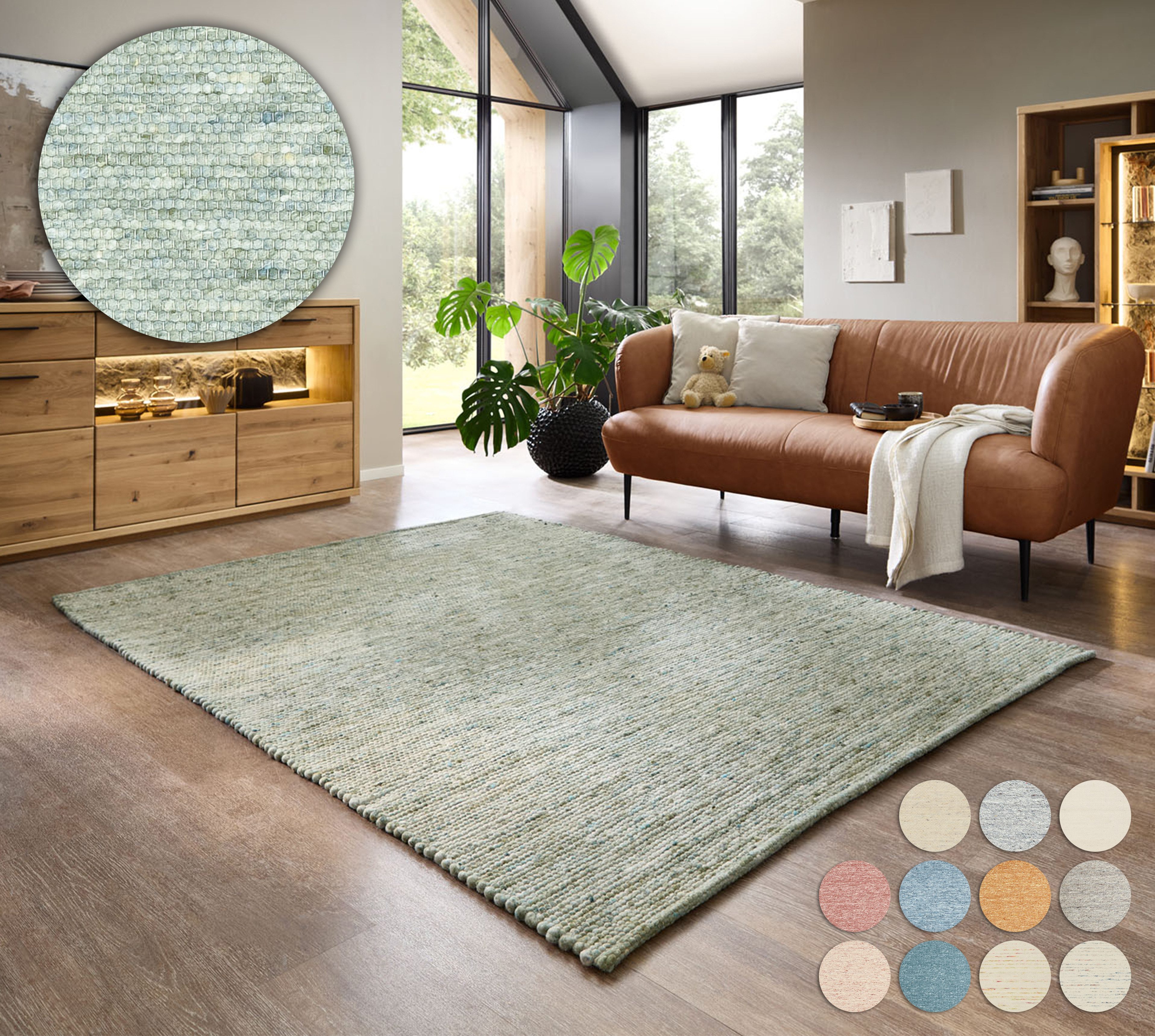 OTTO home Wollteppich Pirker, handgewebt, rechteckig, Höhe: 12 mm, Handwebteppich, meliert, reine Wolle, Wendeteppich, Scandi, Wohnzimmer