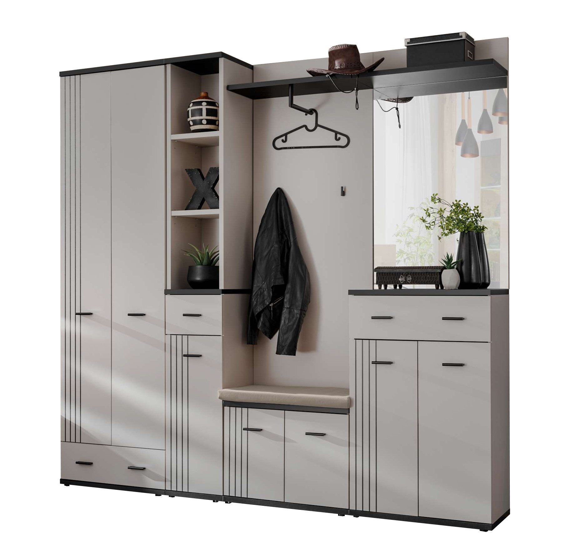 99rooms Garderoben-Set Muza, (Set (6-set), Garderoben-Set), Modern Design, viel Stauraum, mit Speigel, Kissen inklusiv